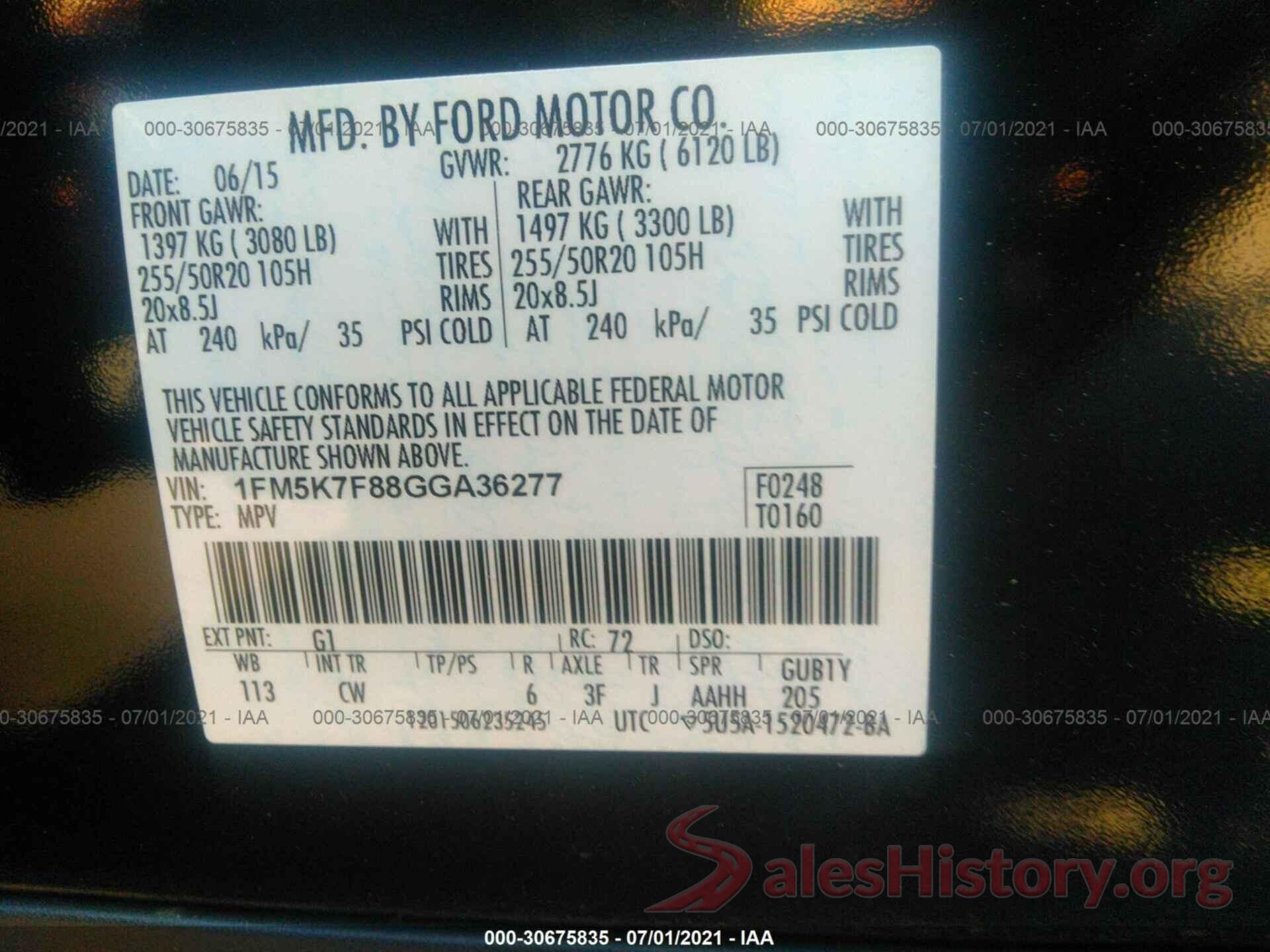 1FM5K7F88GGA36277 2016 FORD EXPLORER