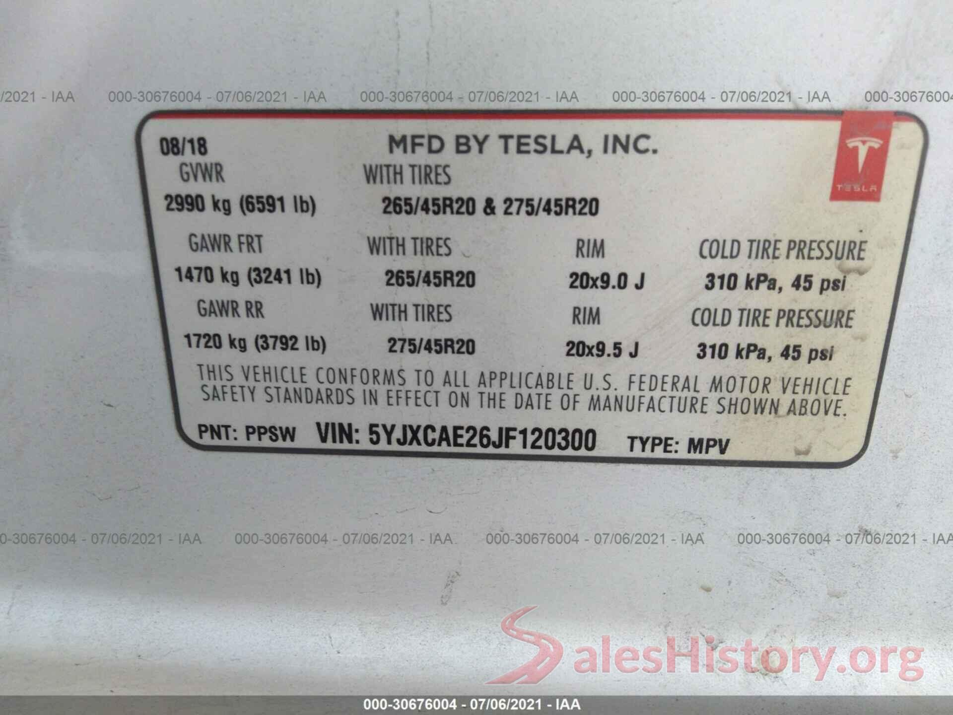 5YJXCAE26JF120300 2018 TESLA MODEL X