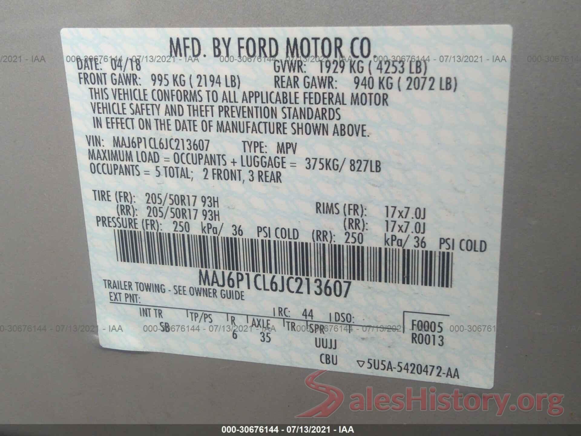 MAJ6P1CL6JC213607 2018 FORD ECOSPORT