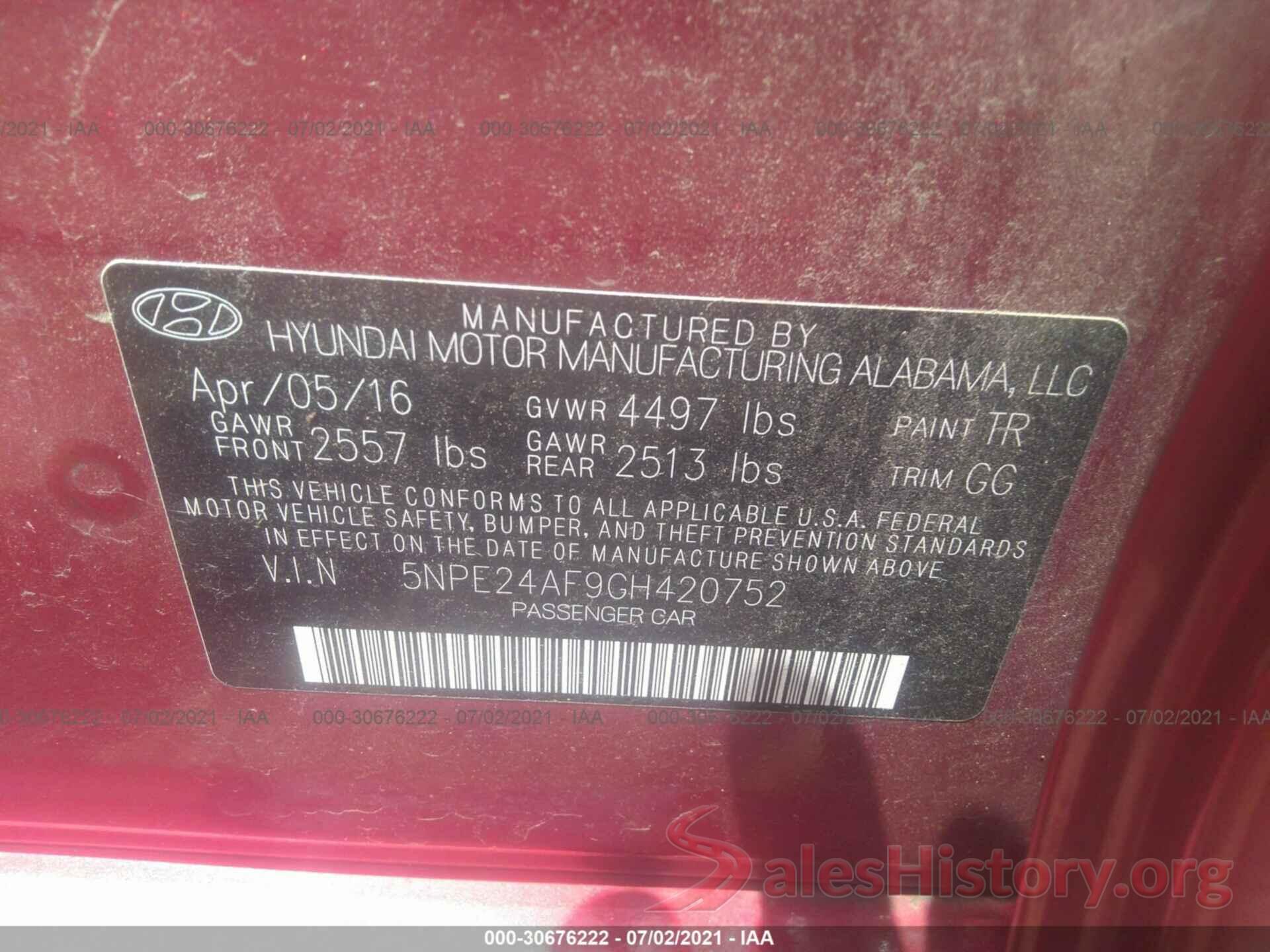 5NPE24AF9GH420752 2016 HYUNDAI SONATA