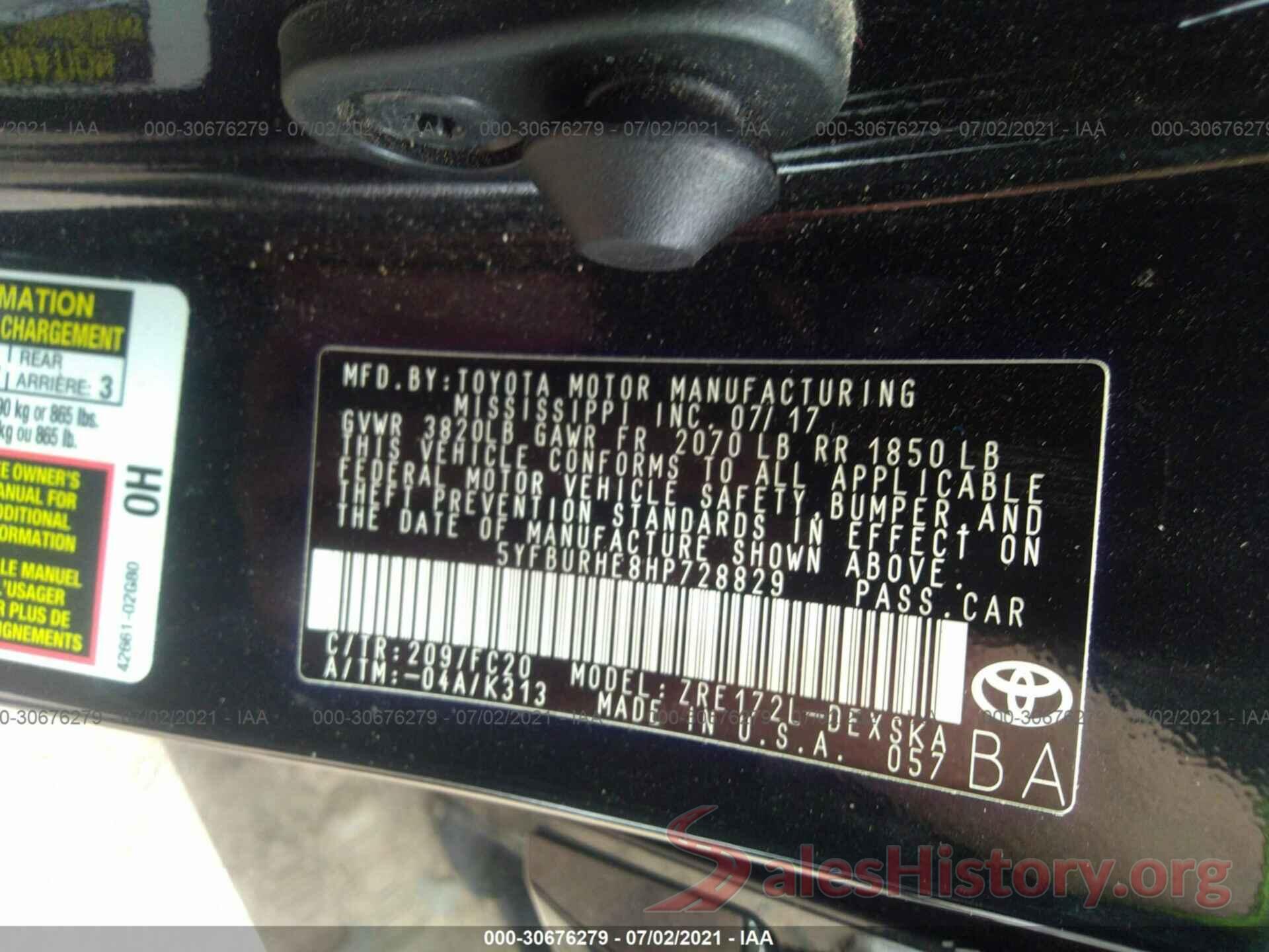 5YFBURHE8HP728829 2017 TOYOTA COROLLA