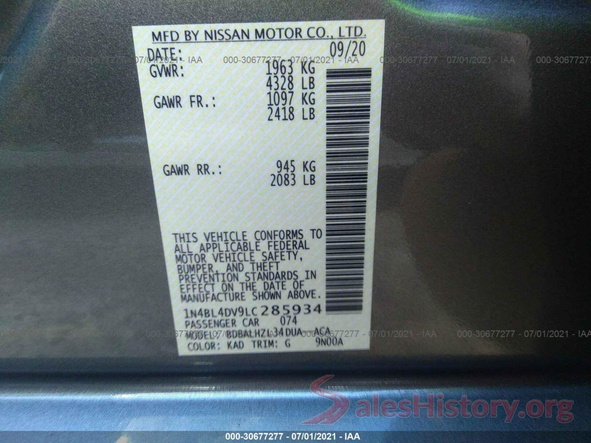 1N4BL4DV9LC285934 2020 NISSAN ALTIMA