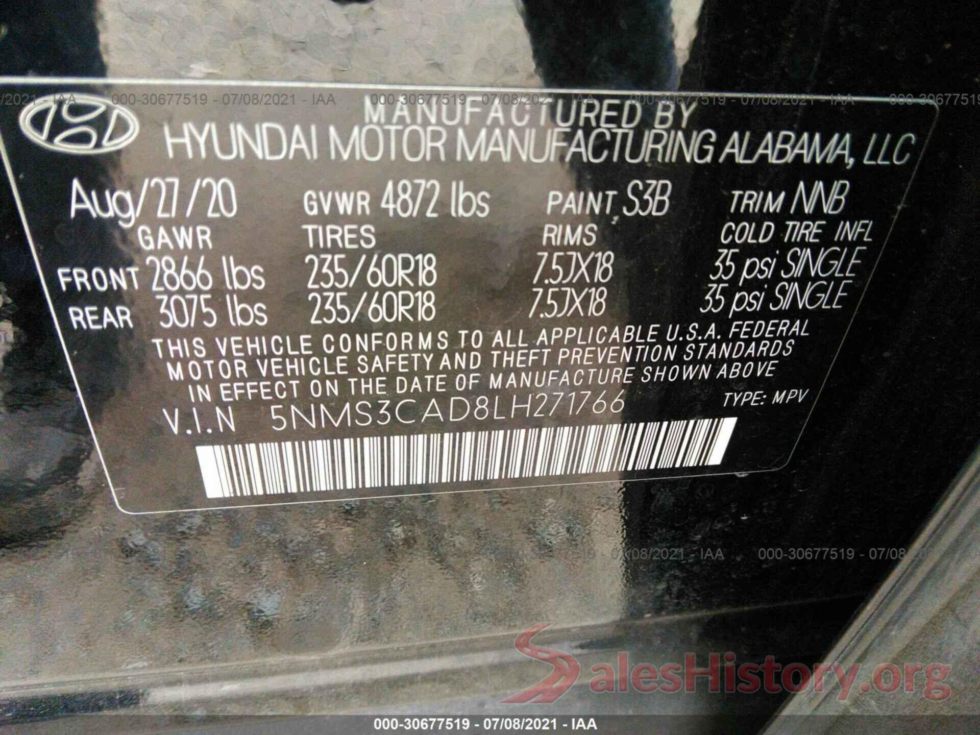 5NMS3CAD8LH271766 2020 HYUNDAI SANTA FE