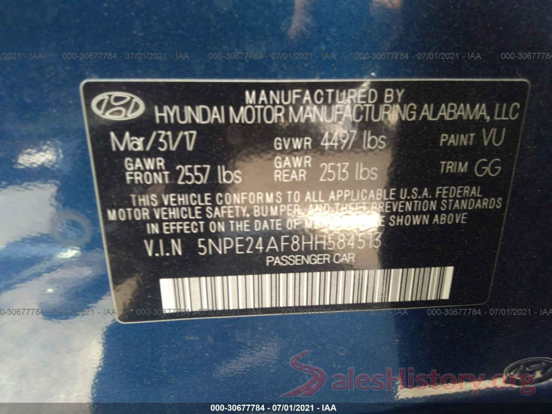 5NPE24AF8HH584513 2017 HYUNDAI SONATA