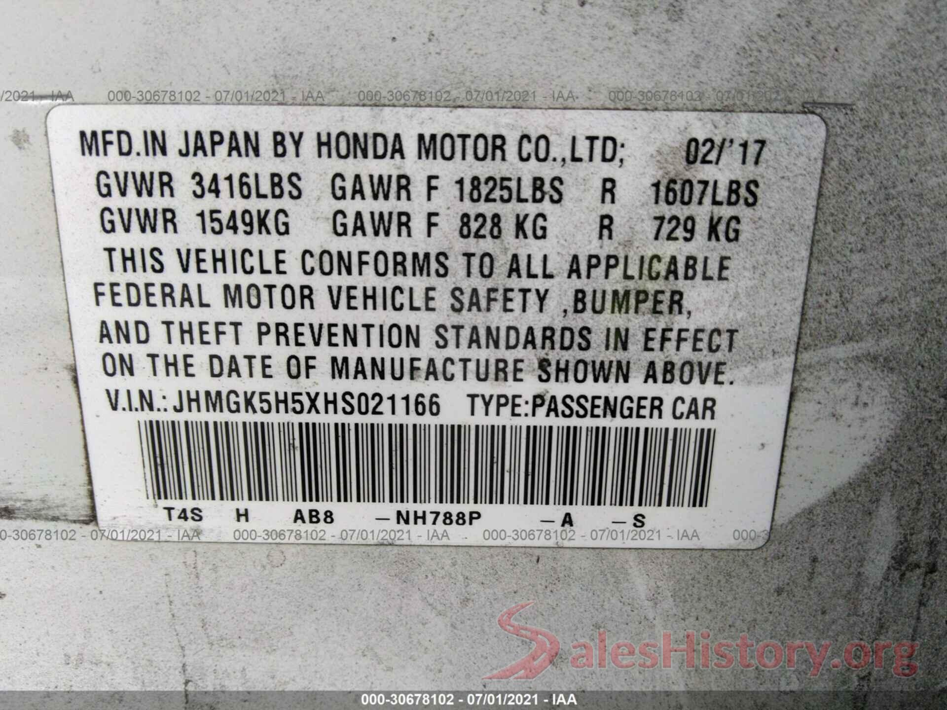 JHMGK5H5XHS021166 2017 HONDA FIT