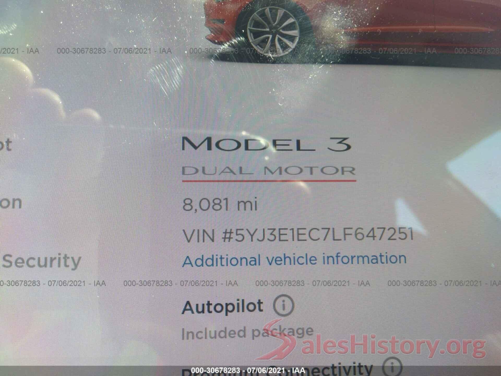 5YJ3E1EC7LF647251 2020 TESLA MODEL 3