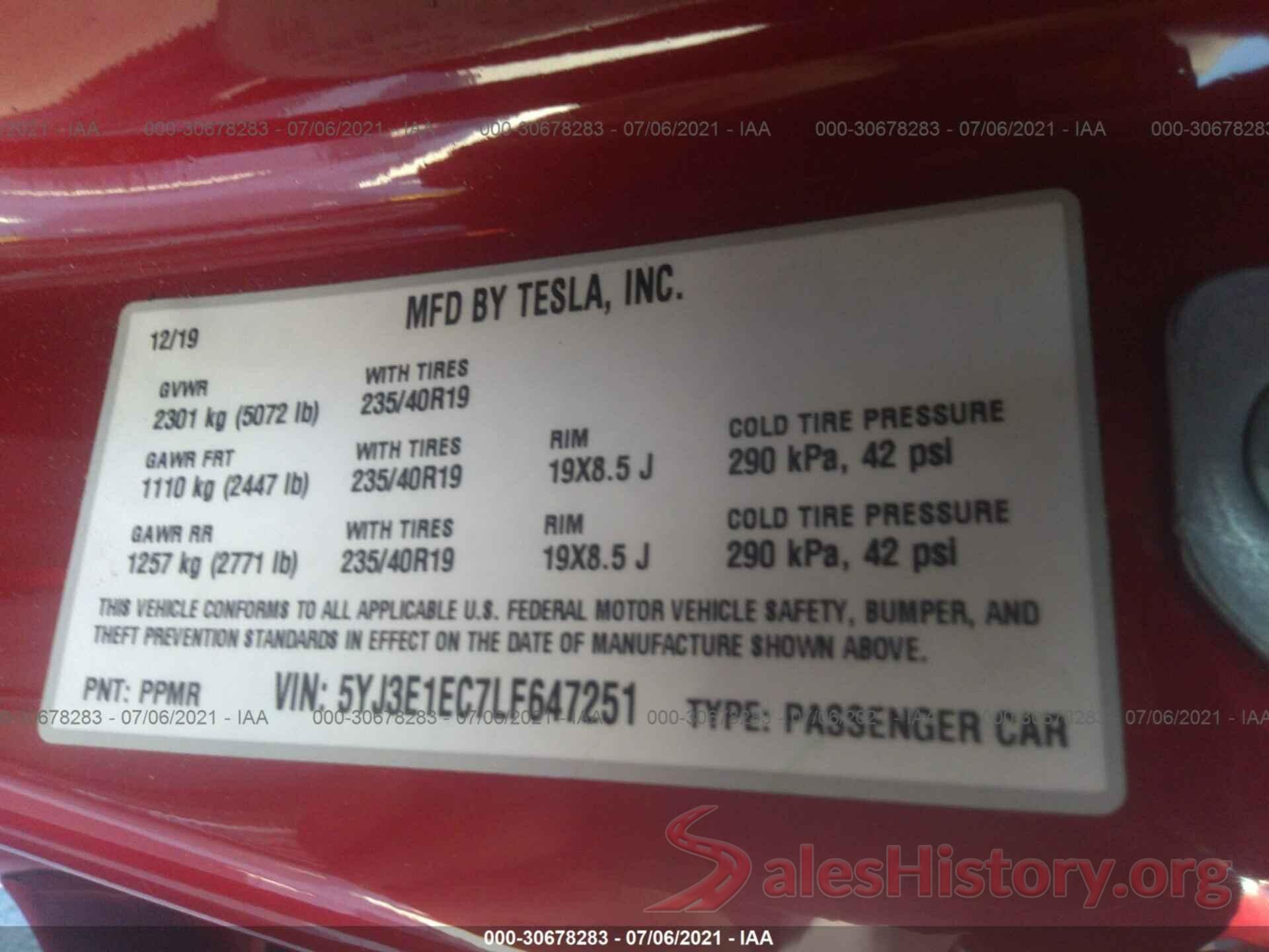 5YJ3E1EC7LF647251 2020 TESLA MODEL 3