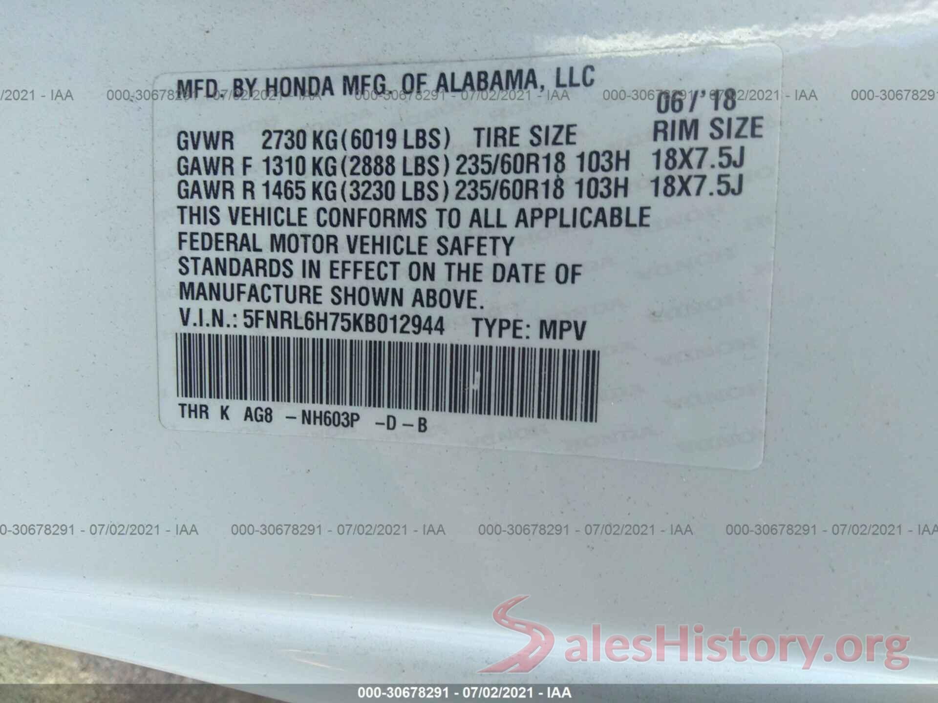 5FNRL6H75KB012944 2019 HONDA ODYSSEY