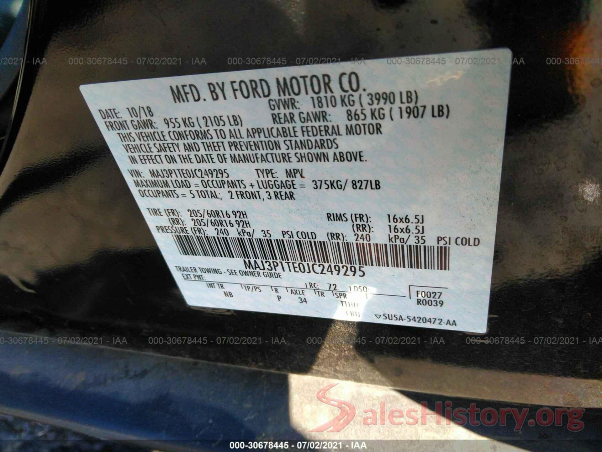 MAJ3P1TE0JC249295 2018 FORD ECOSPORT