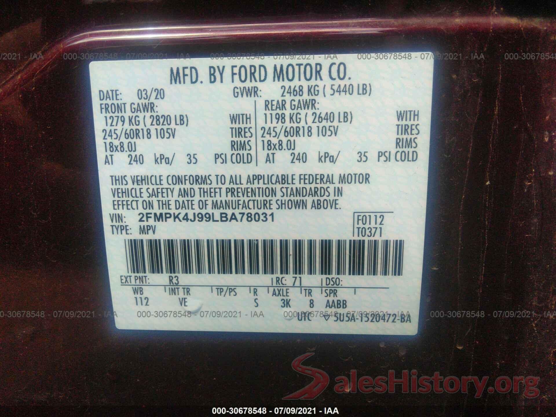 2FMPK4J99LBA78031 2020 FORD EDGE