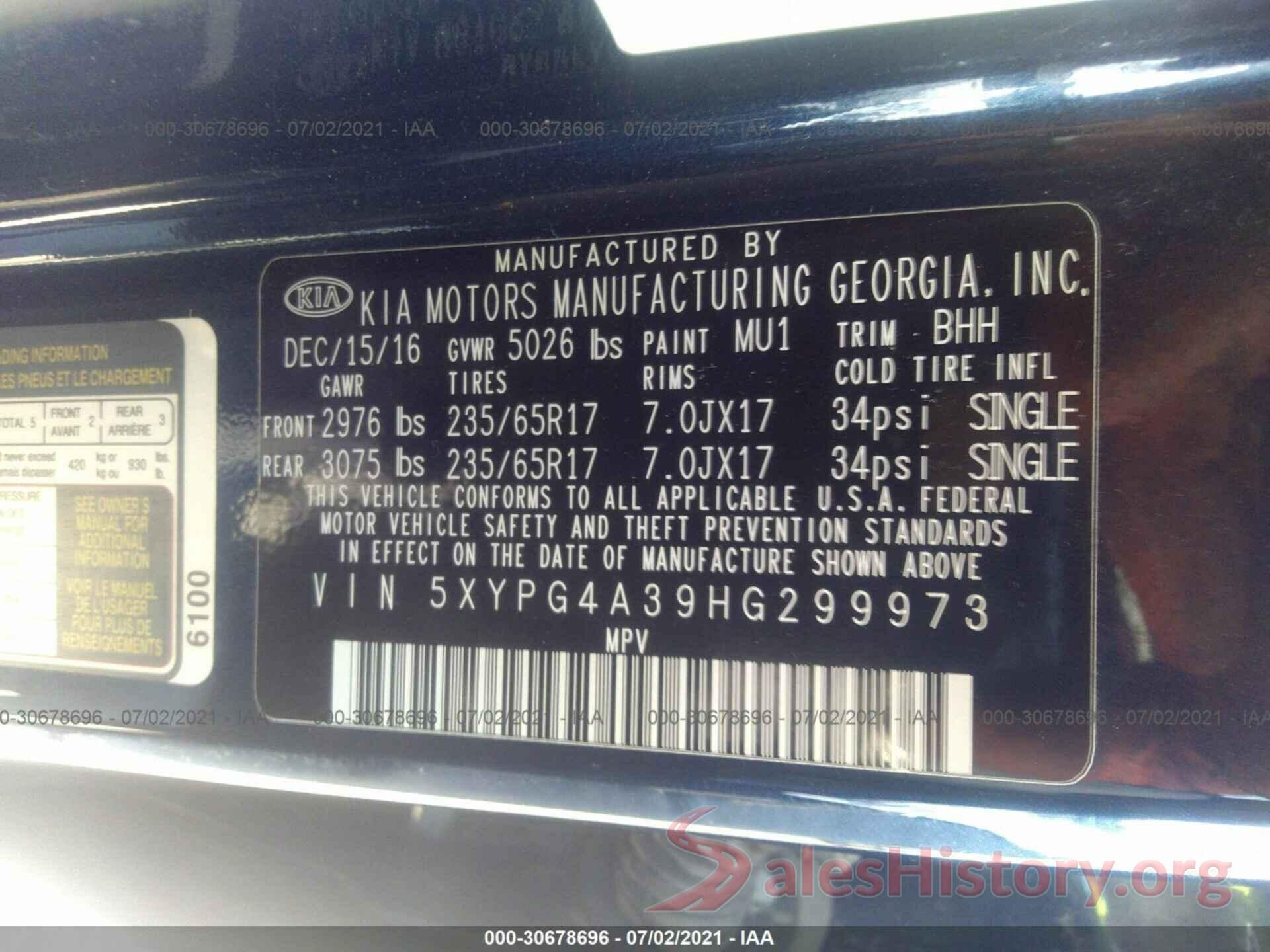 5XYPG4A39HG299973 2017 KIA SORENTO