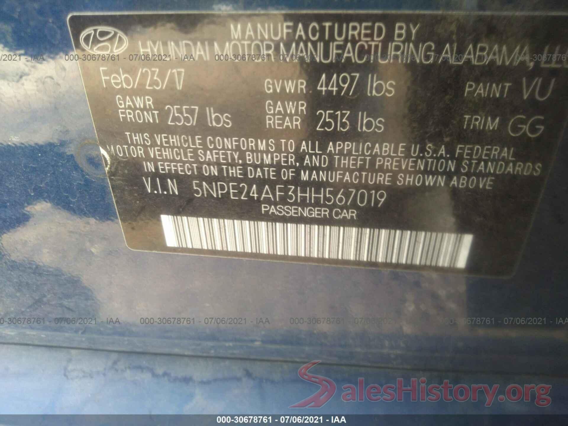 5NPE24AF3HH567019 2017 HYUNDAI SONATA