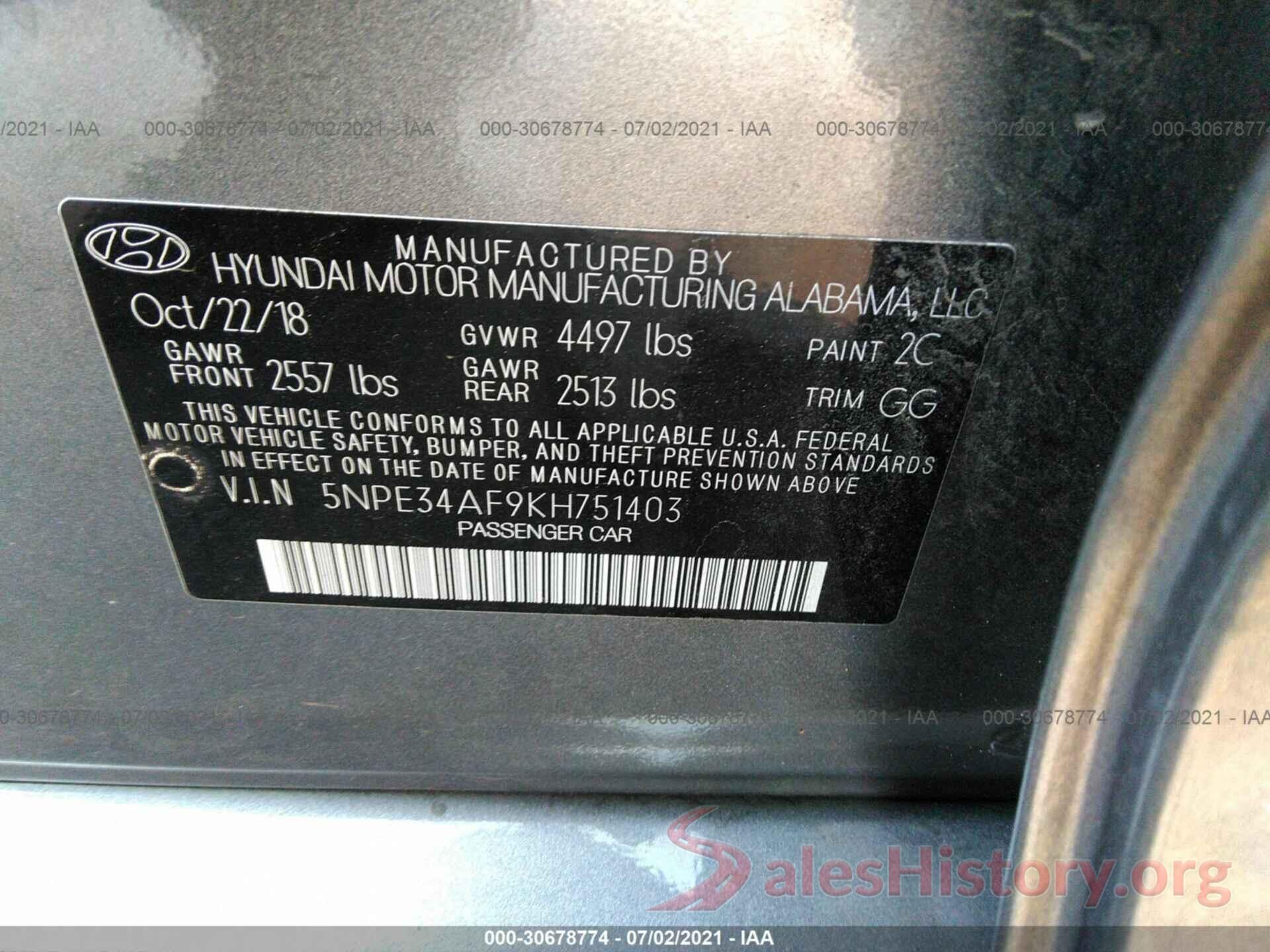 5NPE34AF9KH751403 2019 HYUNDAI SONATA