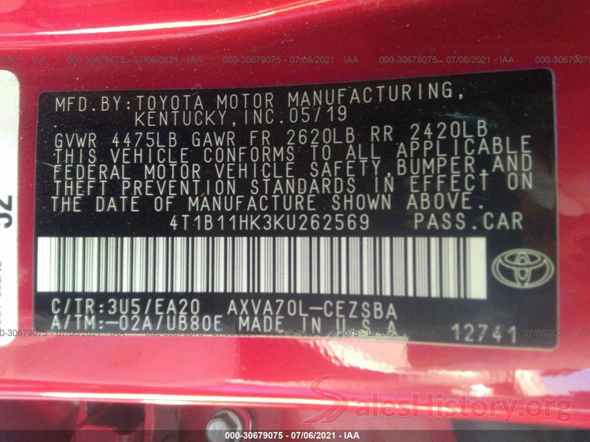 4T1B11HK3KU262569 2019 TOYOTA CAMRY