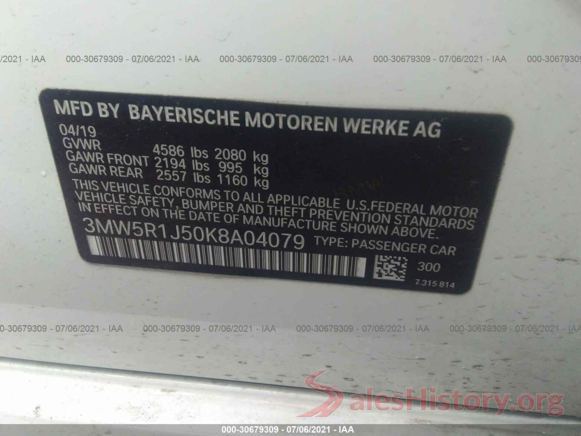 3MW5R1J50K8A04079 2019 BMW 3 SERIES