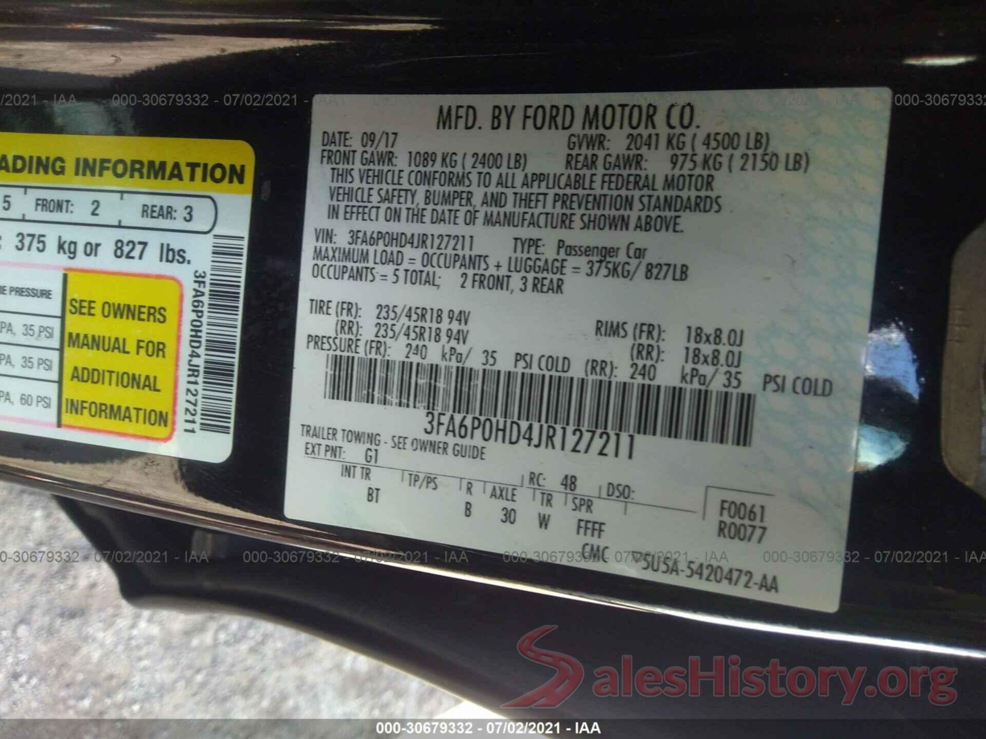 3FA6P0HD4JR127211 2018 FORD FUSION