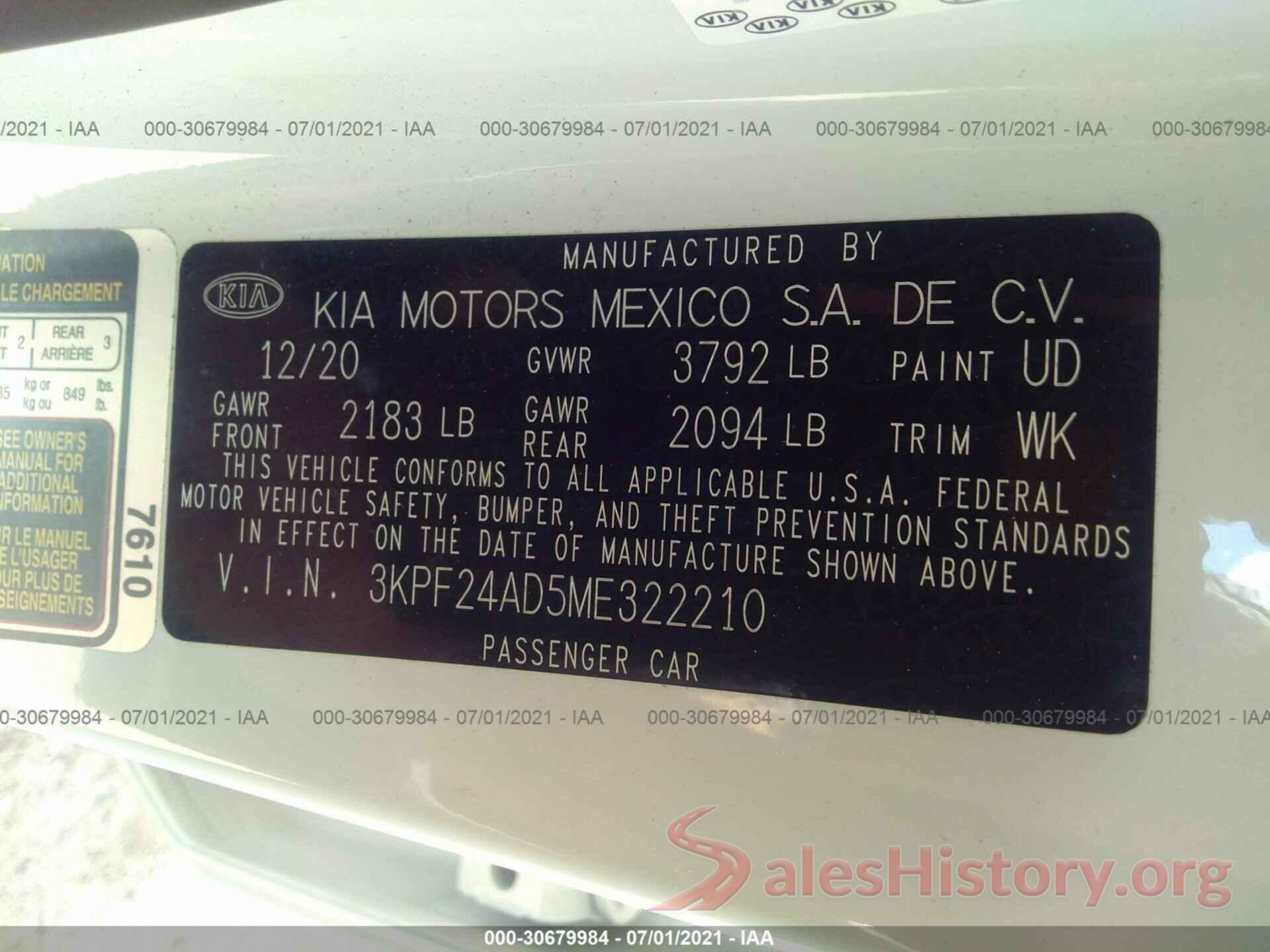 3KPF24AD5ME322210 2021 KIA FORTE