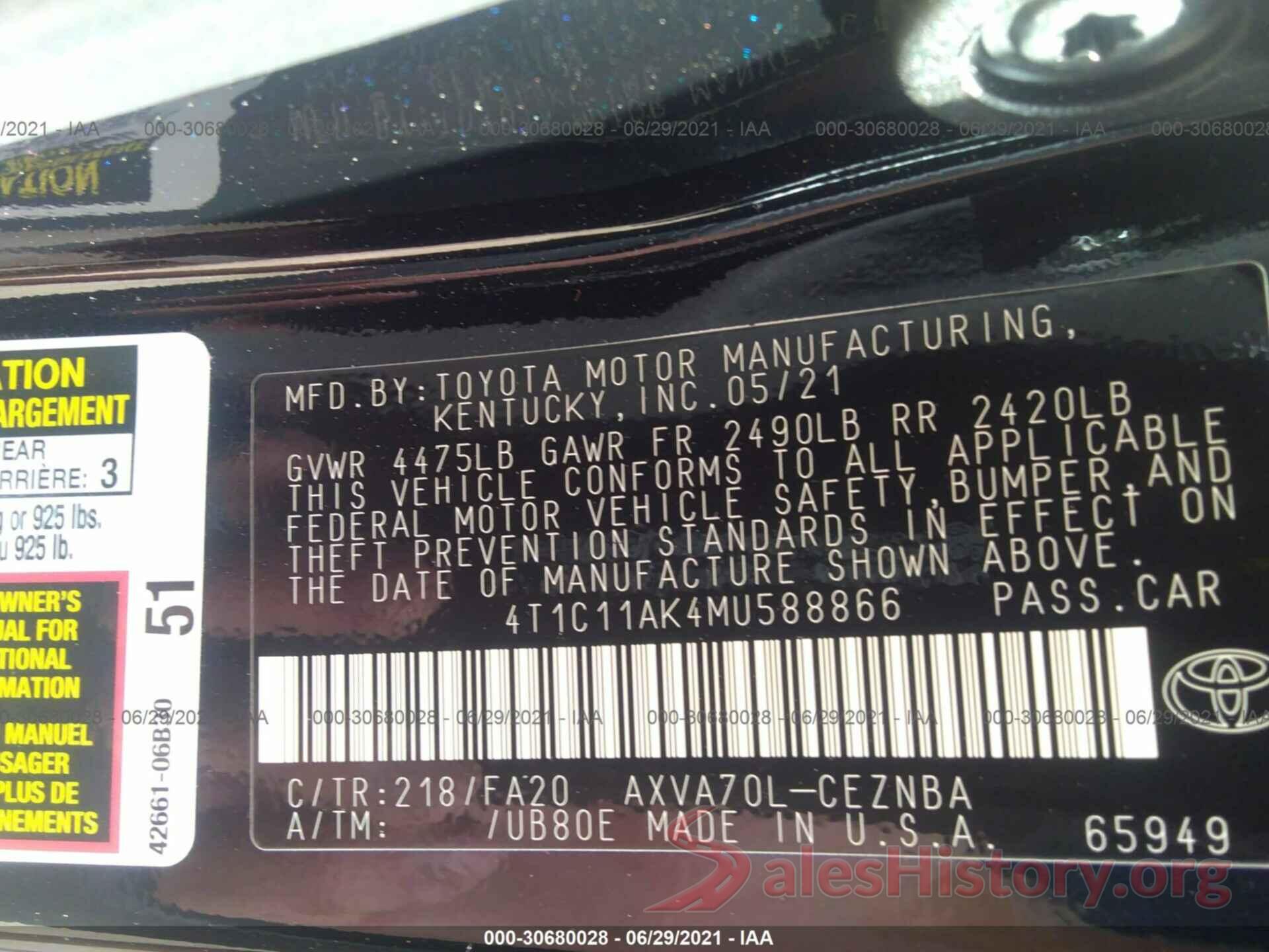 4T1C11AK4MU588866 2021 TOYOTA CAMRY