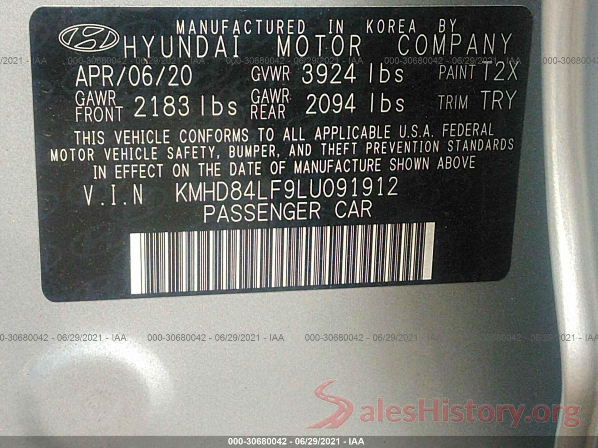 KMHD84LF9LU091912 2020 HYUNDAI ELANTRA