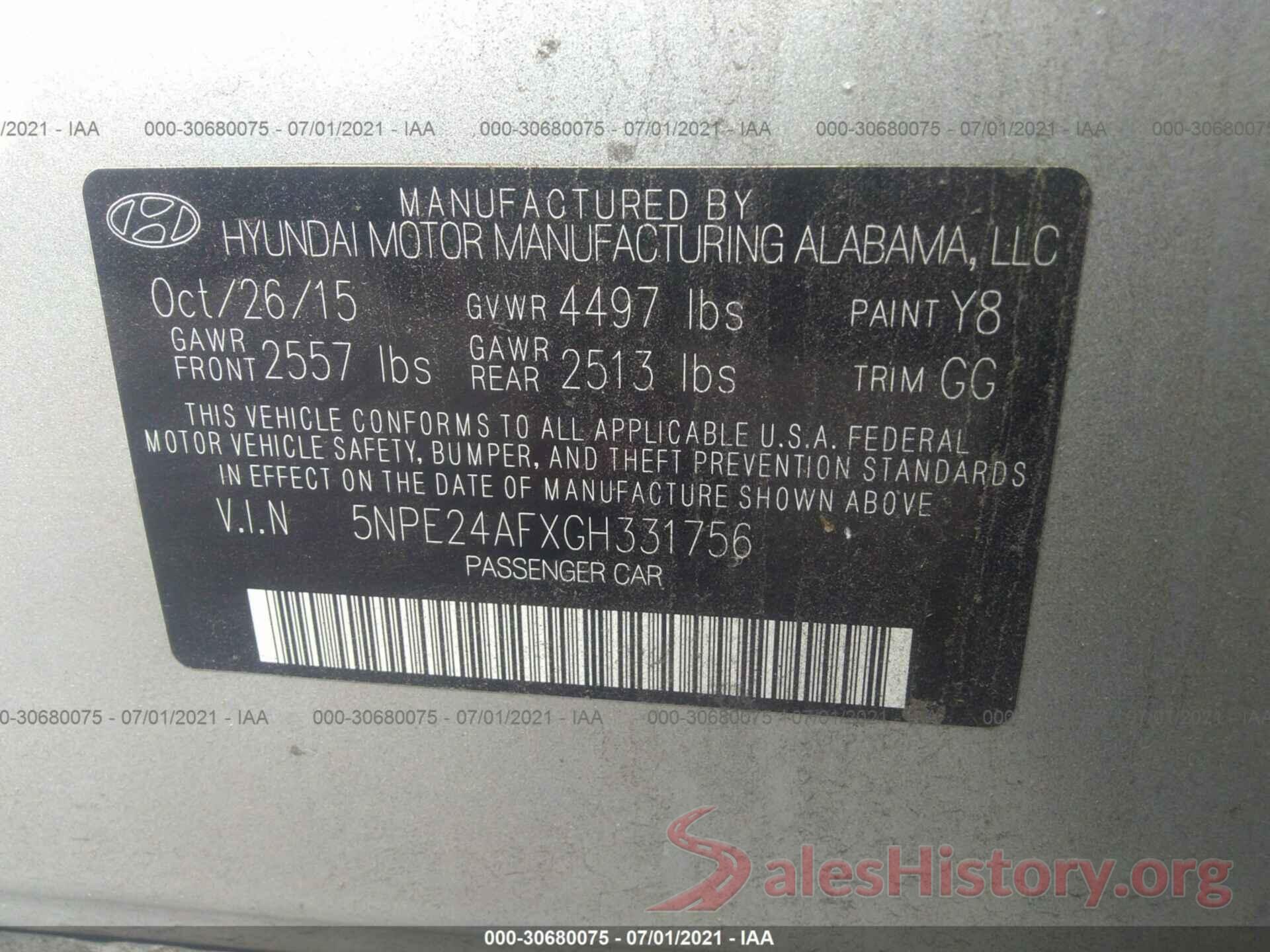 5NPE24AFXGH331756 2016 HYUNDAI SONATA