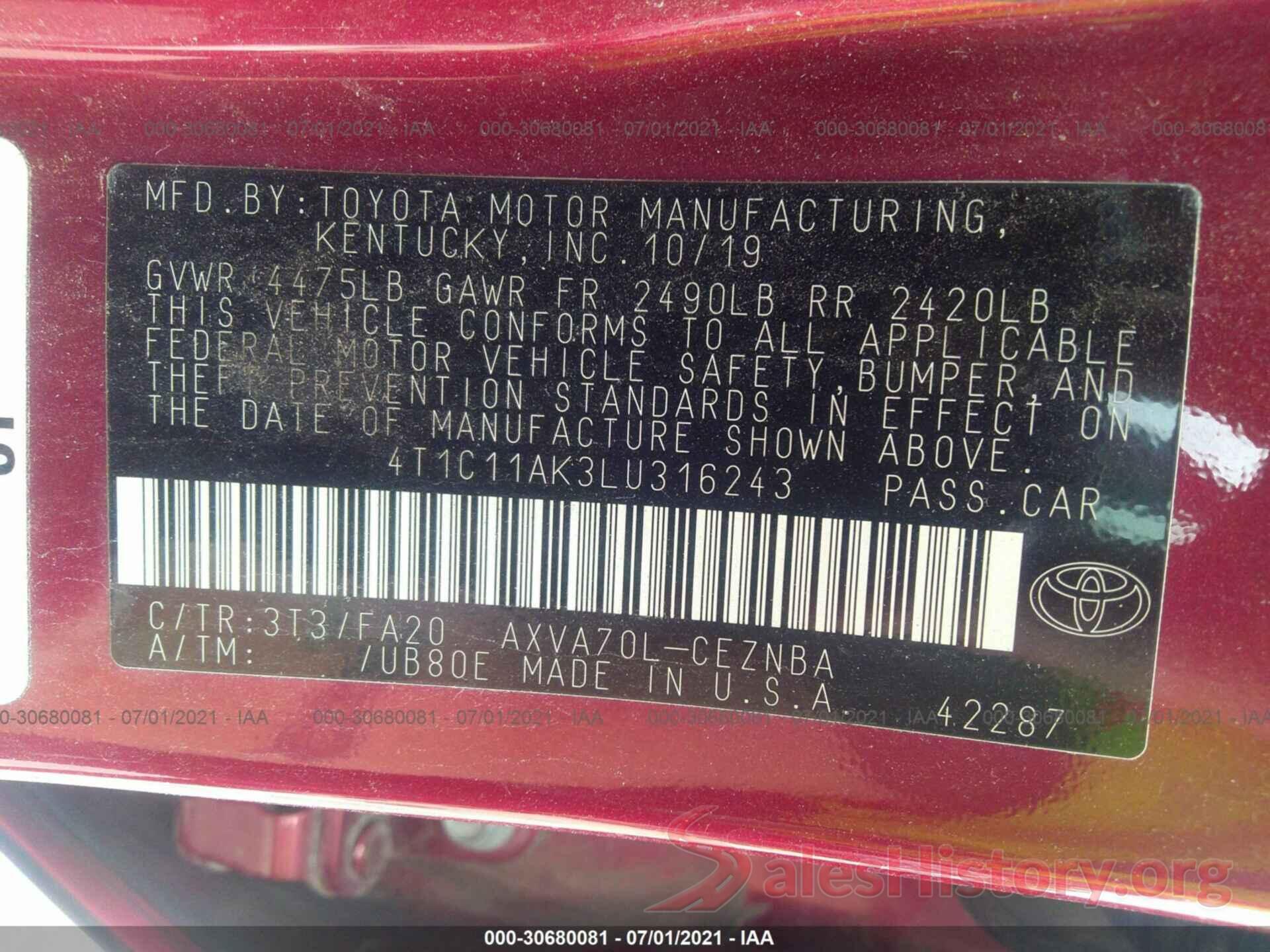 4T1C11AK3LU316243 2020 TOYOTA CAMRY