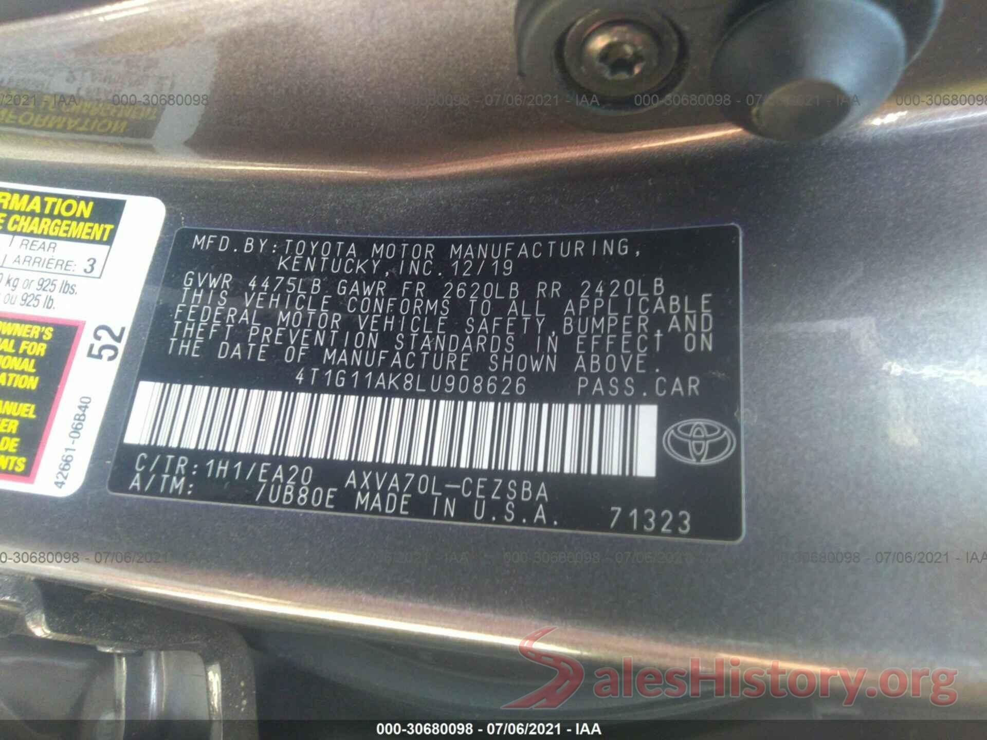 4T1G11AK8LU908626 2020 TOYOTA CAMRY