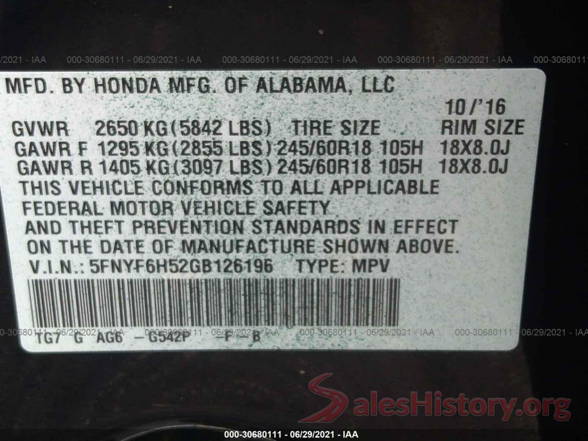 5FNYF6H52GB126196 2016 HONDA PILOT