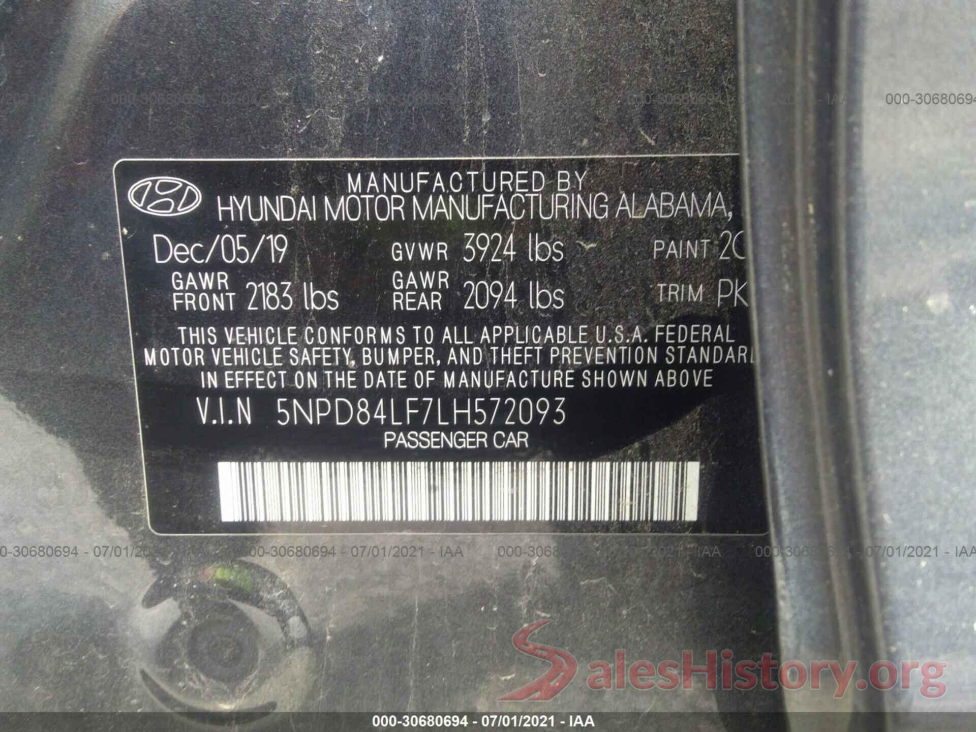 5NPD84LF7LH572093 2020 HYUNDAI ELANTRA