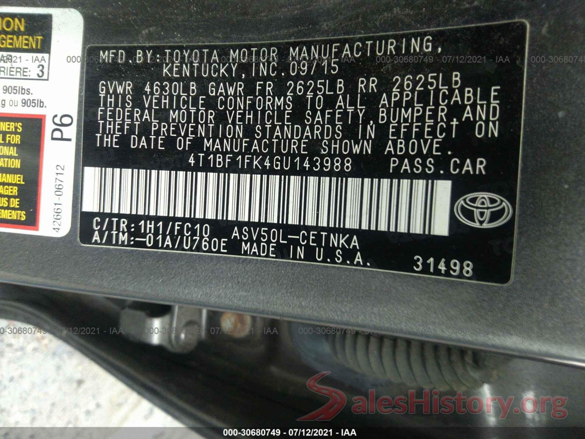 4T1BF1FK4GU143988 2016 TOYOTA CAMRY