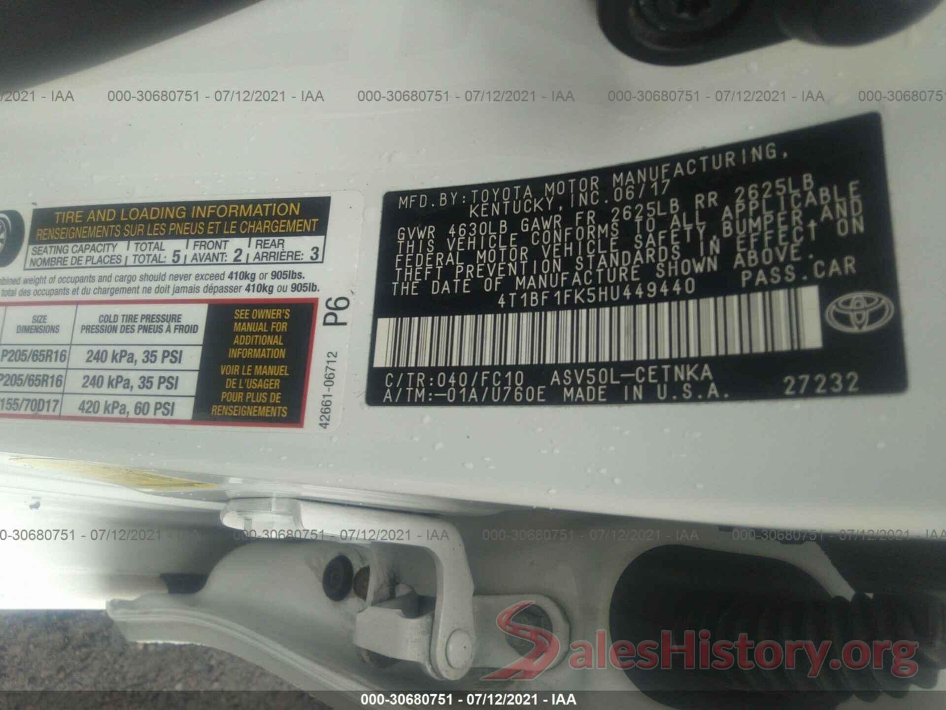 4T1BF1FK5HU449440 2017 TOYOTA CAMRY