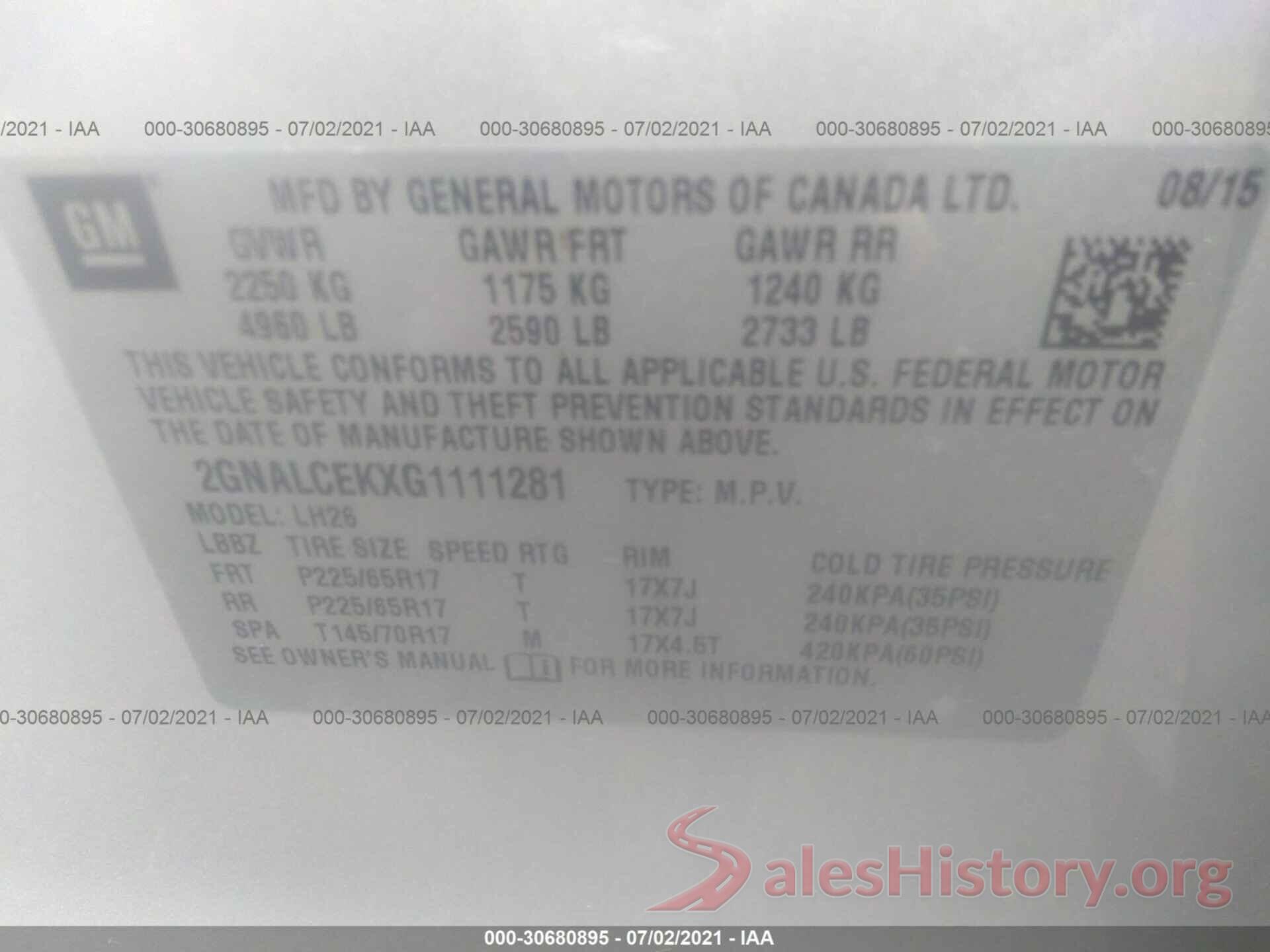 2GNALCEKXG1111281 2016 CHEVROLET EQUINOX