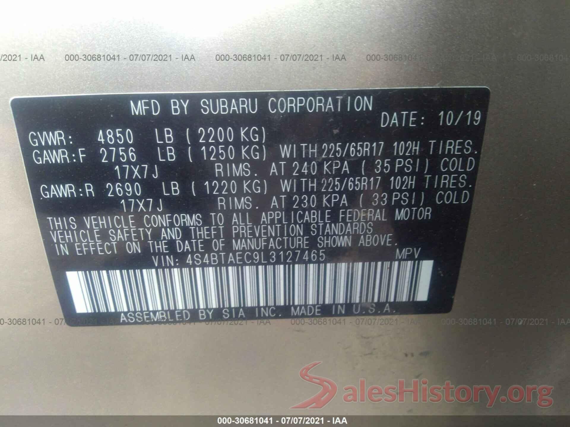 4S4BTAEC9L3127465 2020 SUBARU OUTBACK