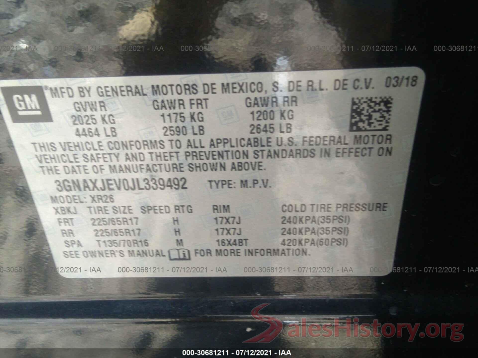 3GNAXJEV0JL339492 2018 CHEVROLET EQUINOX