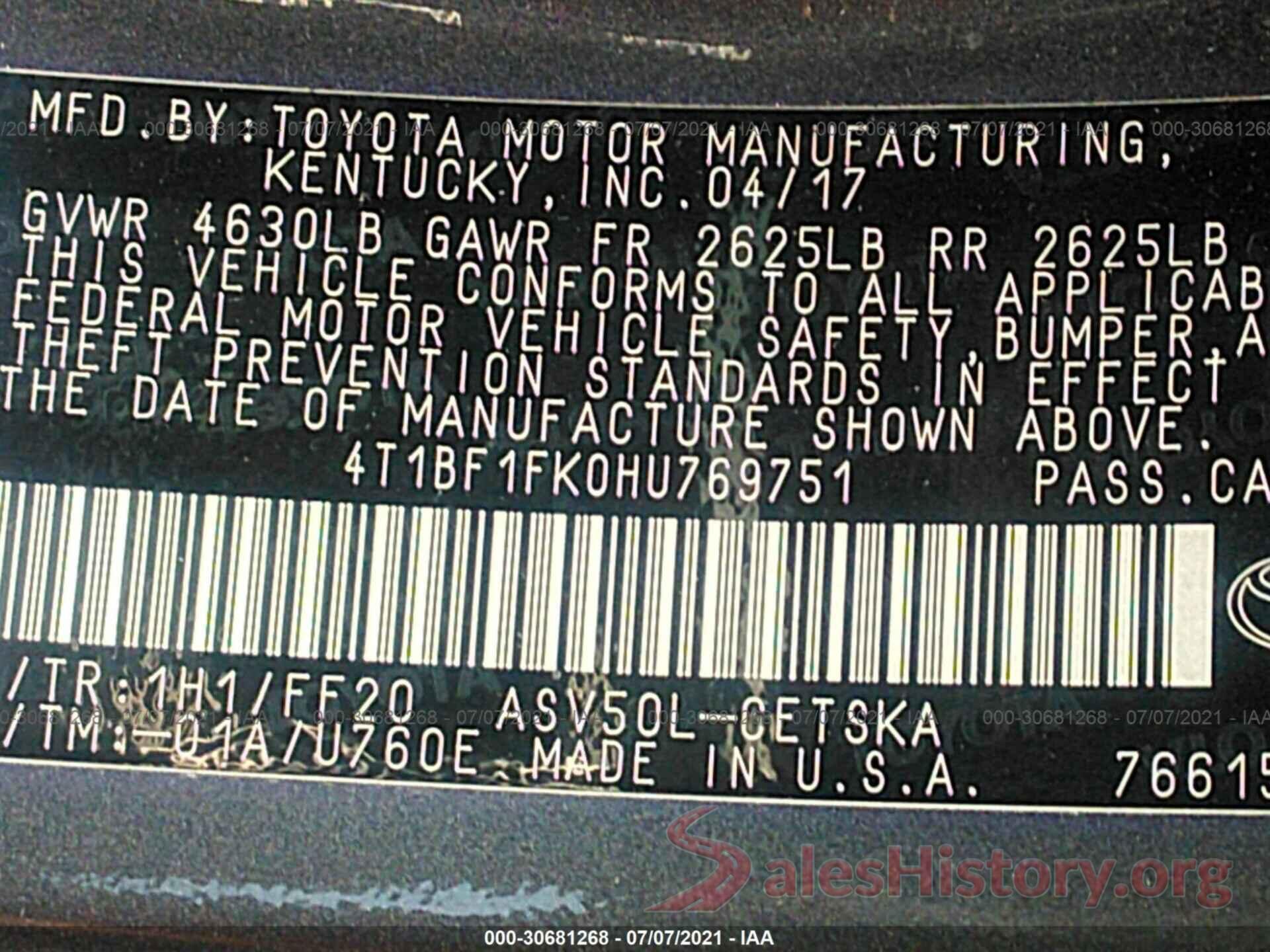 4T1BF1FK0HU769751 2017 TOYOTA CAMRY