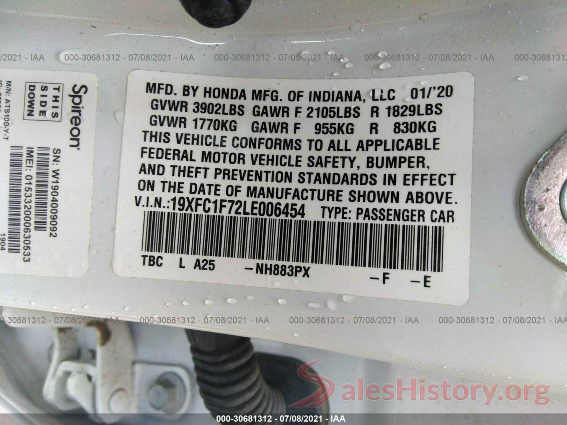 19XFC1F72LE006454 2020 HONDA CIVIC SEDAN