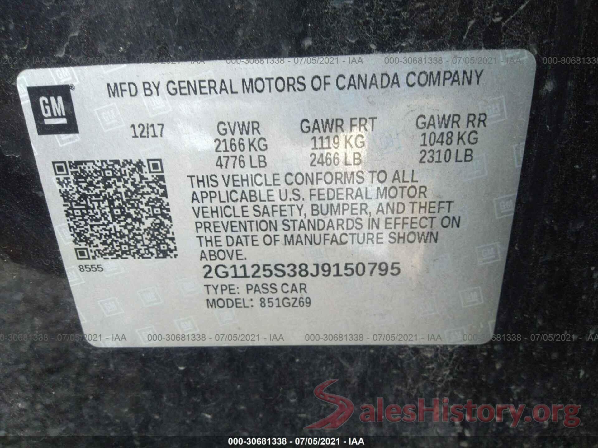 2G1125S38J9150795 2018 CHEVROLET IMPALA