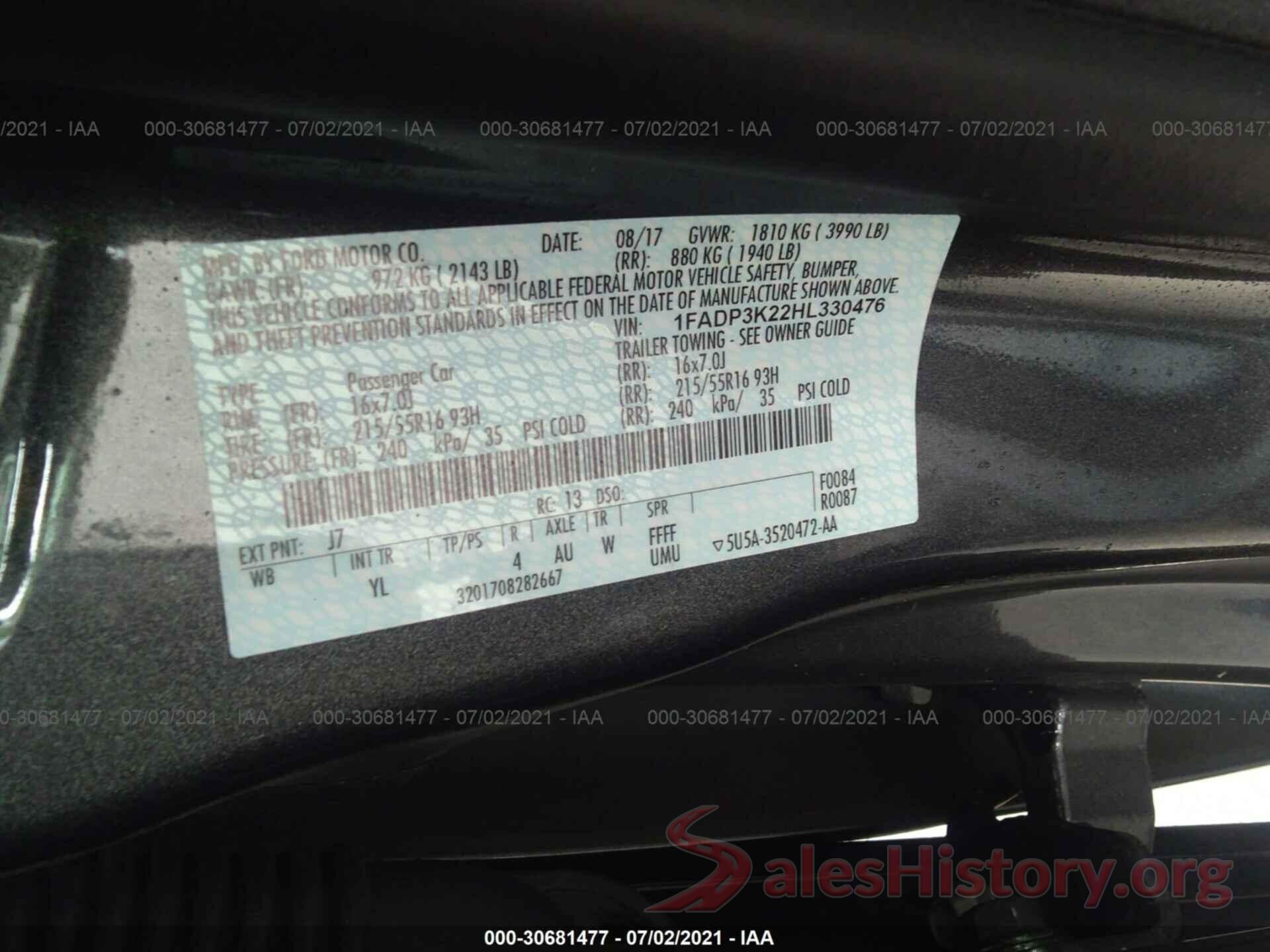 1FADP3K22HL330476 2017 FORD FOCUS