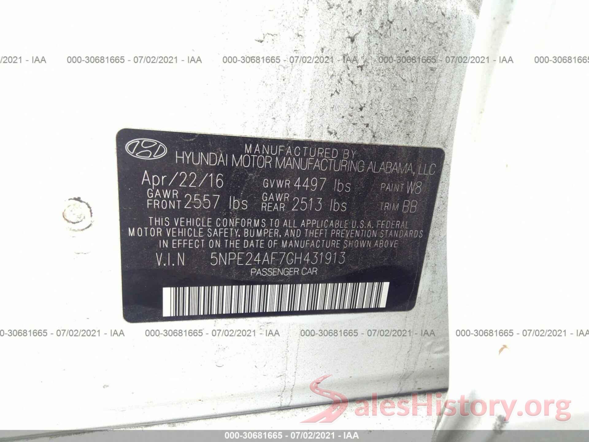 5NPE24AF7GH431913 2016 HYUNDAI SONATA