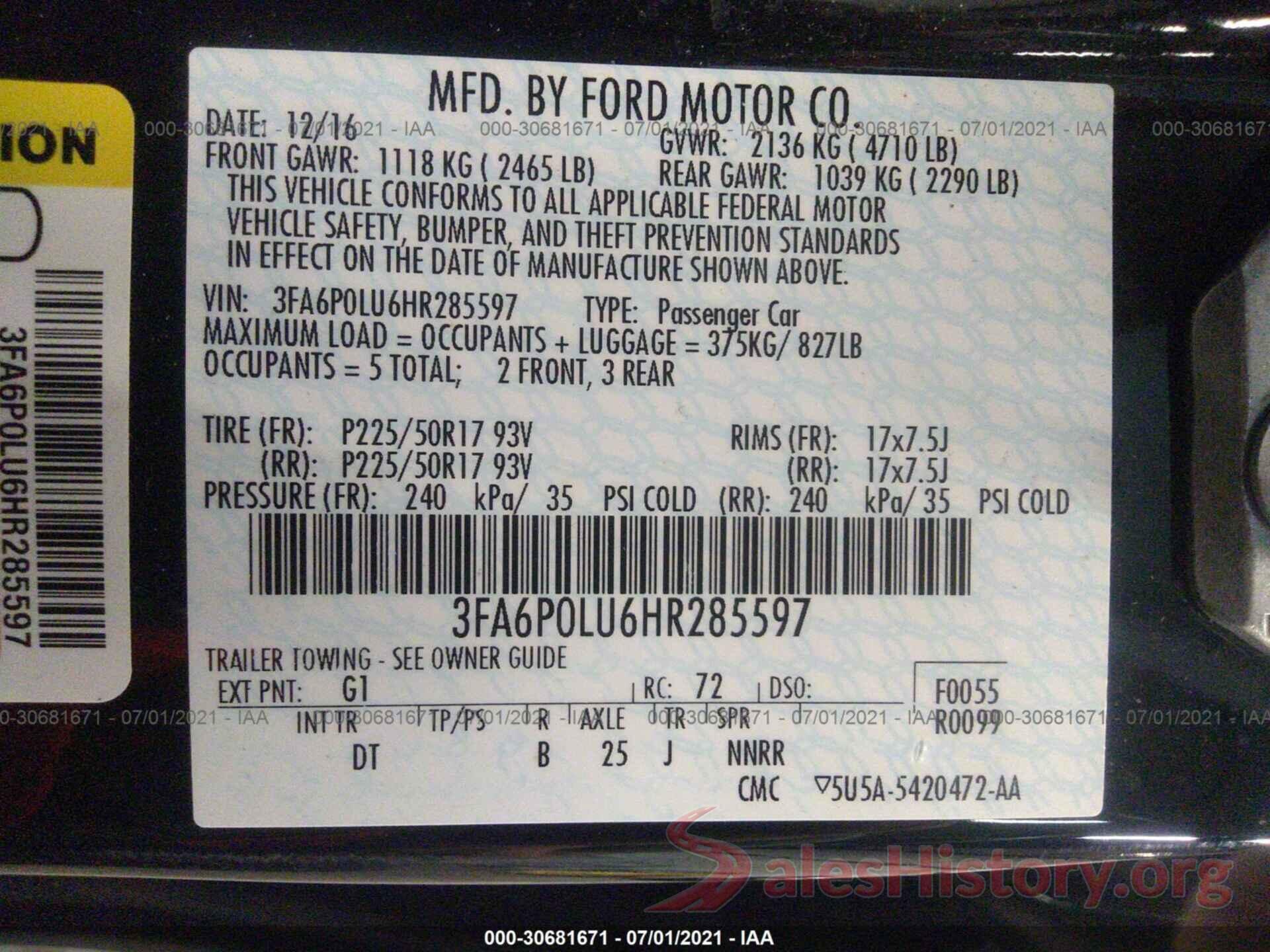 3FA6P0LU6HR285597 2017 FORD FUSION