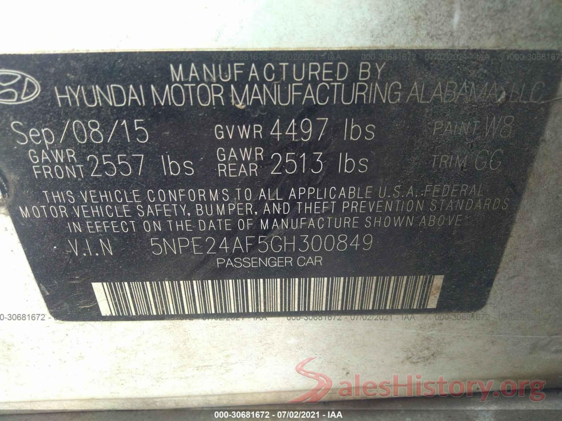 5NPE24AF5GH300849 2016 HYUNDAI SONATA