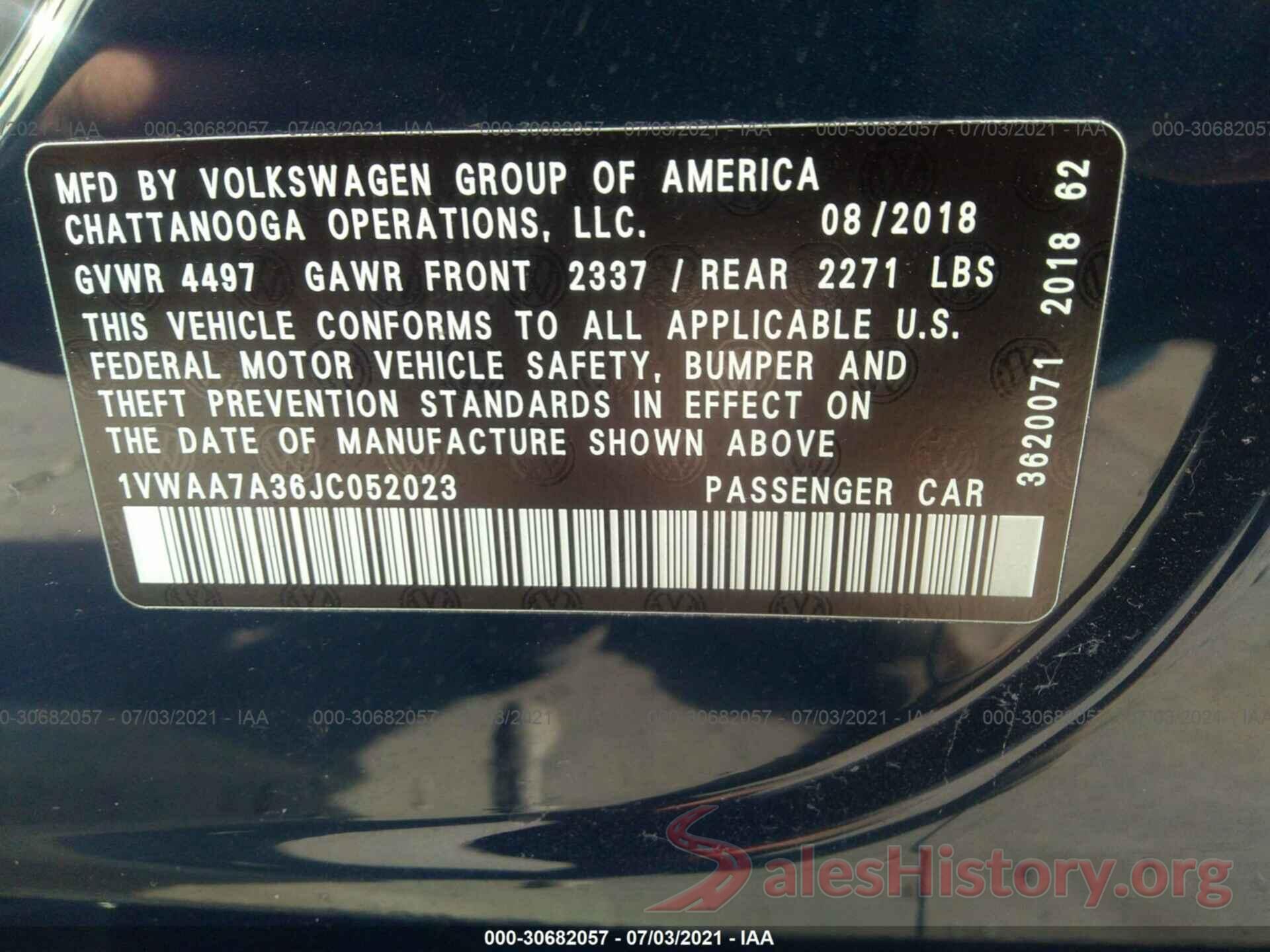 1VWAA7A36JC052023 2018 VOLKSWAGEN PASSAT