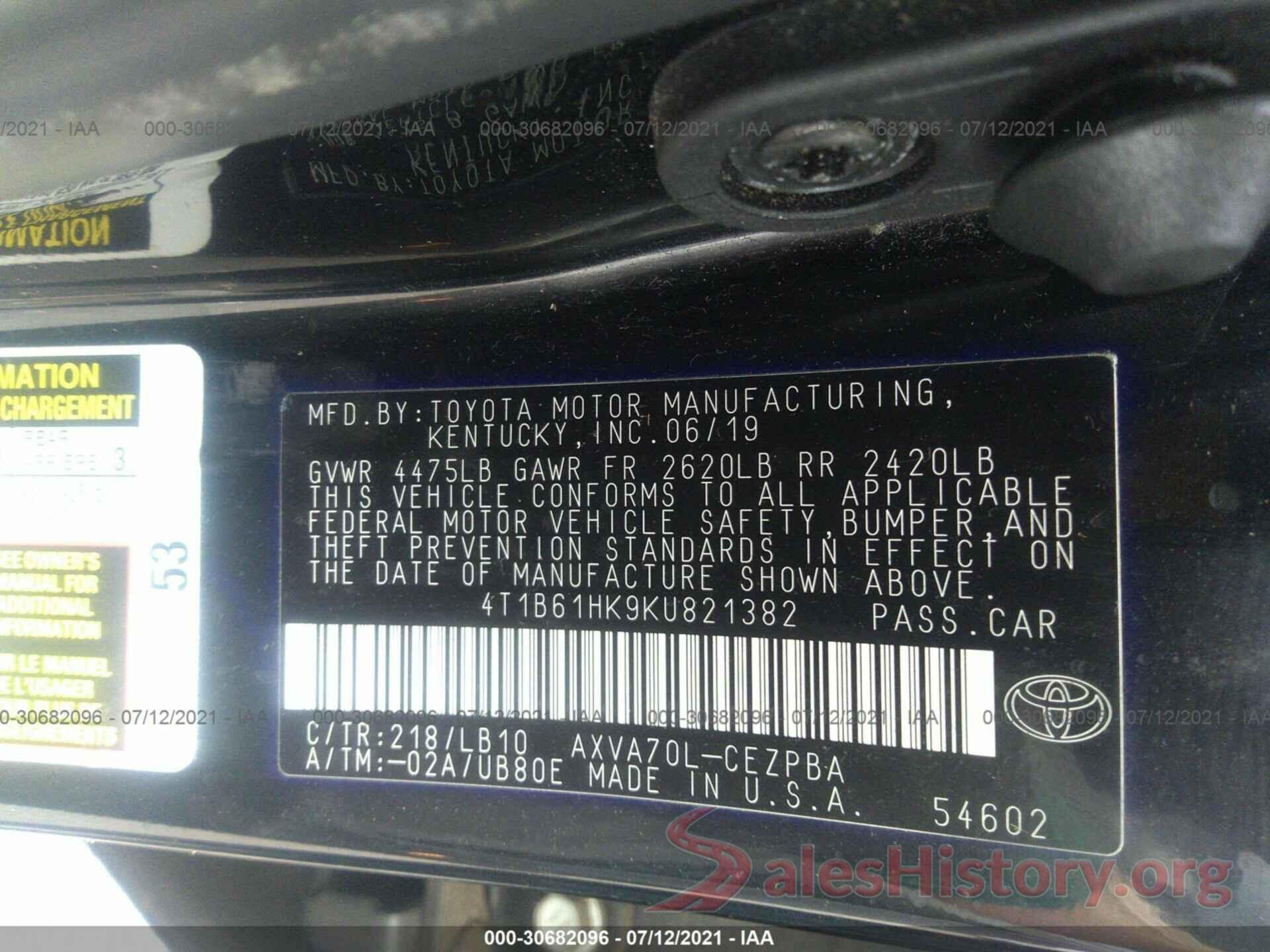 4T1B61HK9KU821382 2019 TOYOTA CAMRY