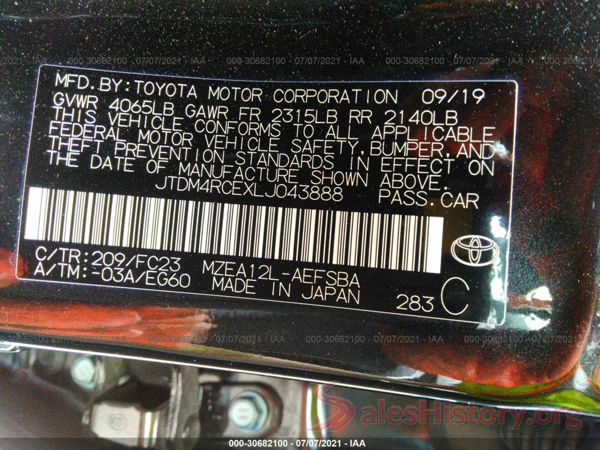 JTDM4RCEXLJ043888 2020 TOYOTA COROLLA