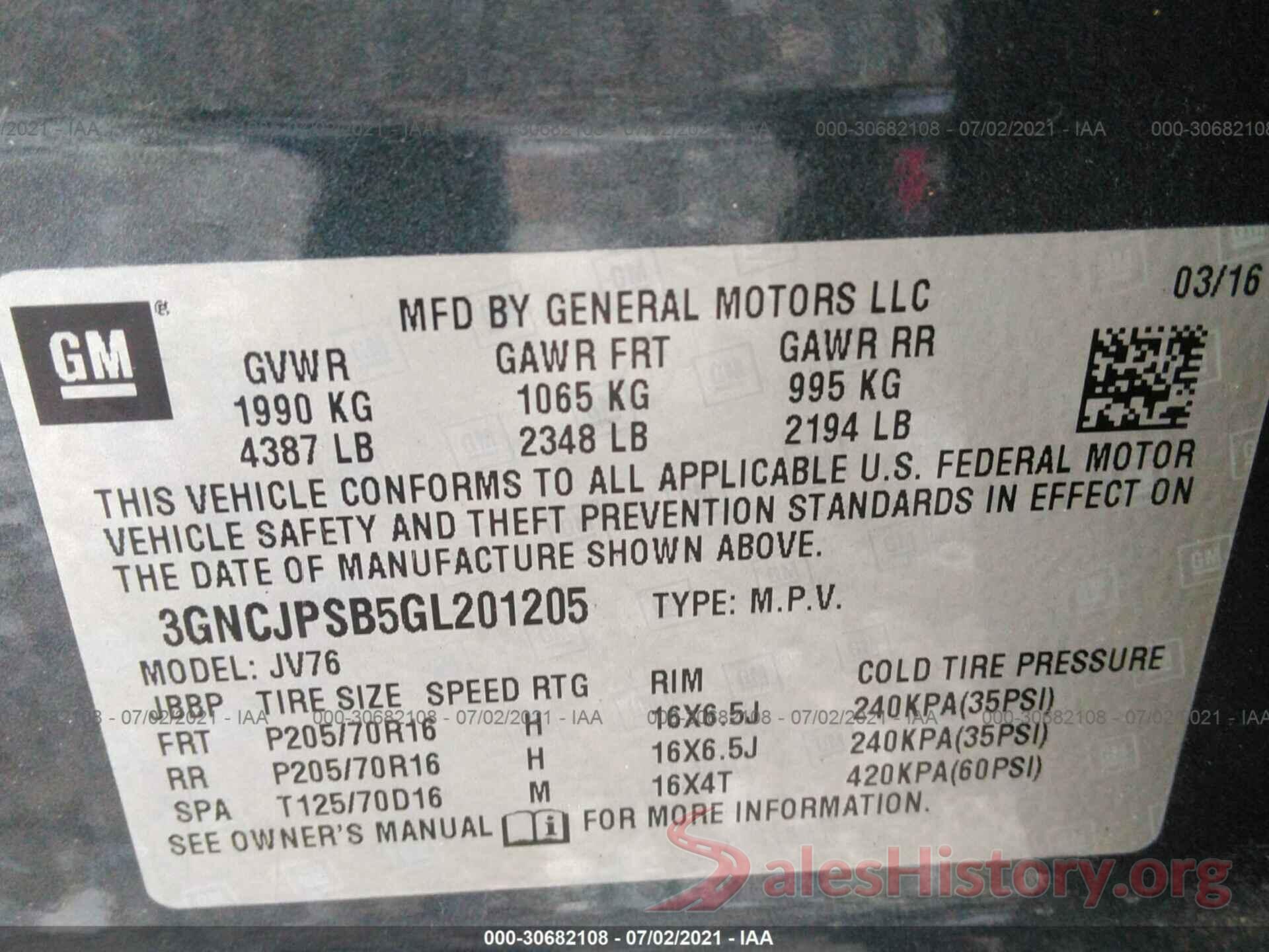 3GNCJPSB5GL201205 2016 CHEVROLET TRAX