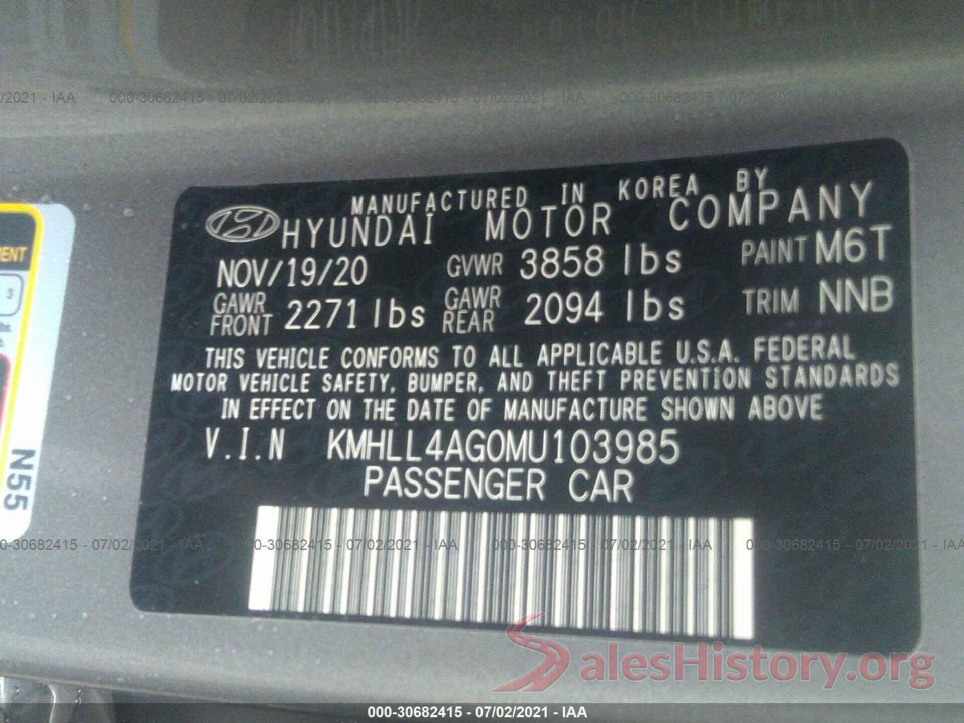 KMHLL4AG0MU103985 2021 HYUNDAI ELANTRA