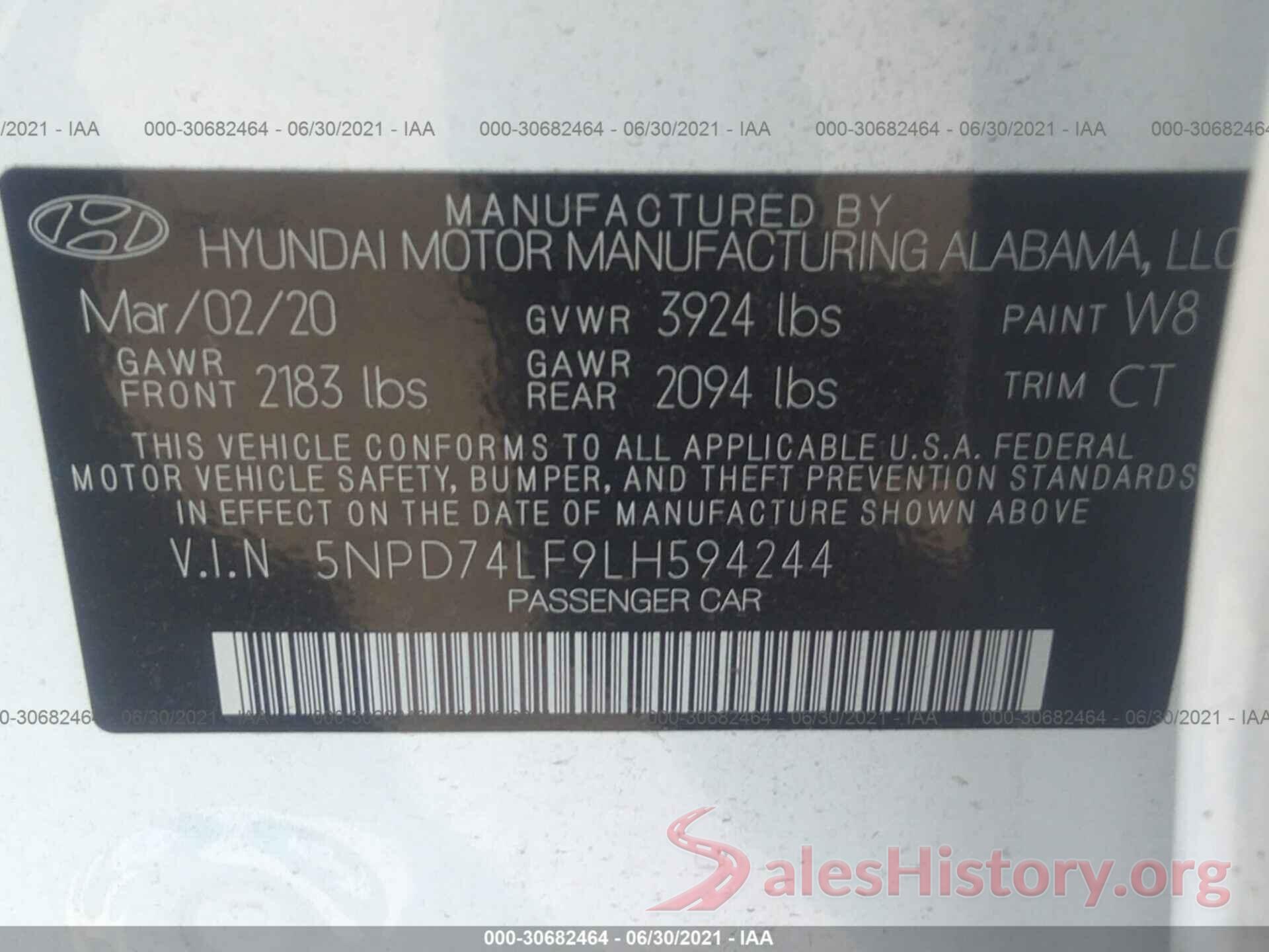 5NPD74LF9LH594244 2020 HYUNDAI ELANTRA