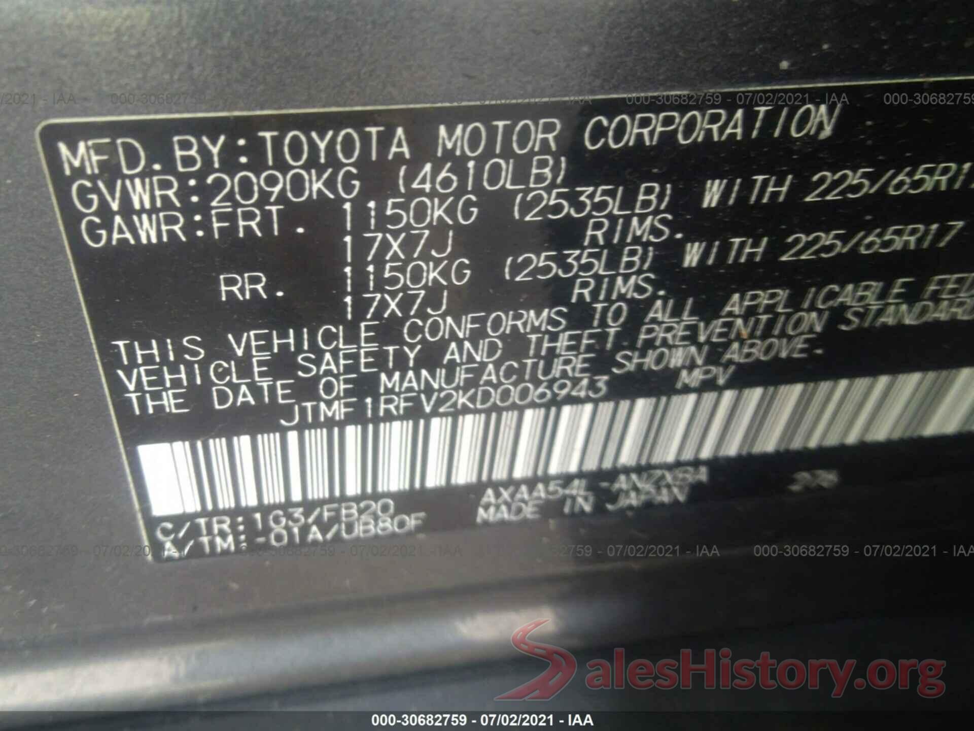 JTMF1RFV2KD006943 2019 TOYOTA RAV4