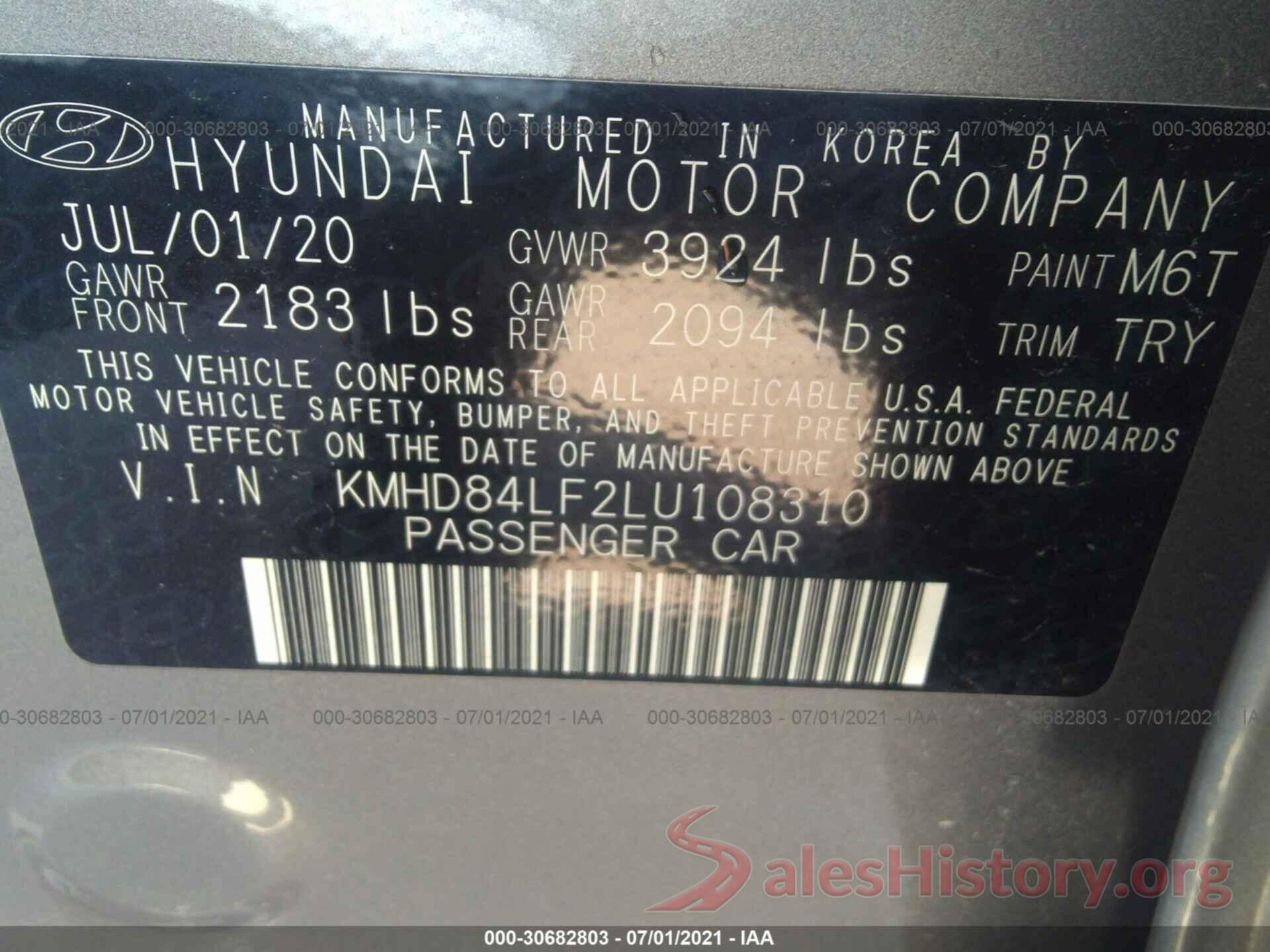 KMHD84LF2LU108310 2020 HYUNDAI ELANTRA