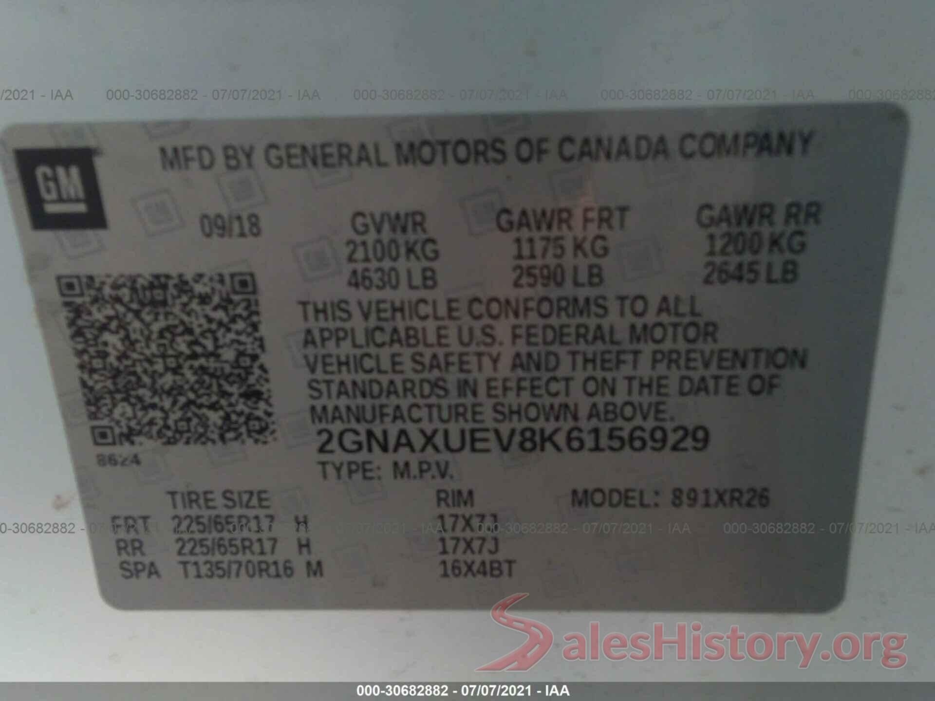 2GNAXUEV8K6156929 2019 CHEVROLET EQUINOX