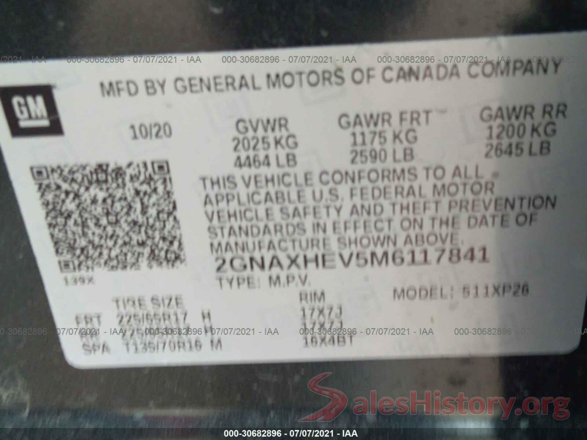 2GNAXHEV5M6117841 2021 CHEVROLET EQUINOX